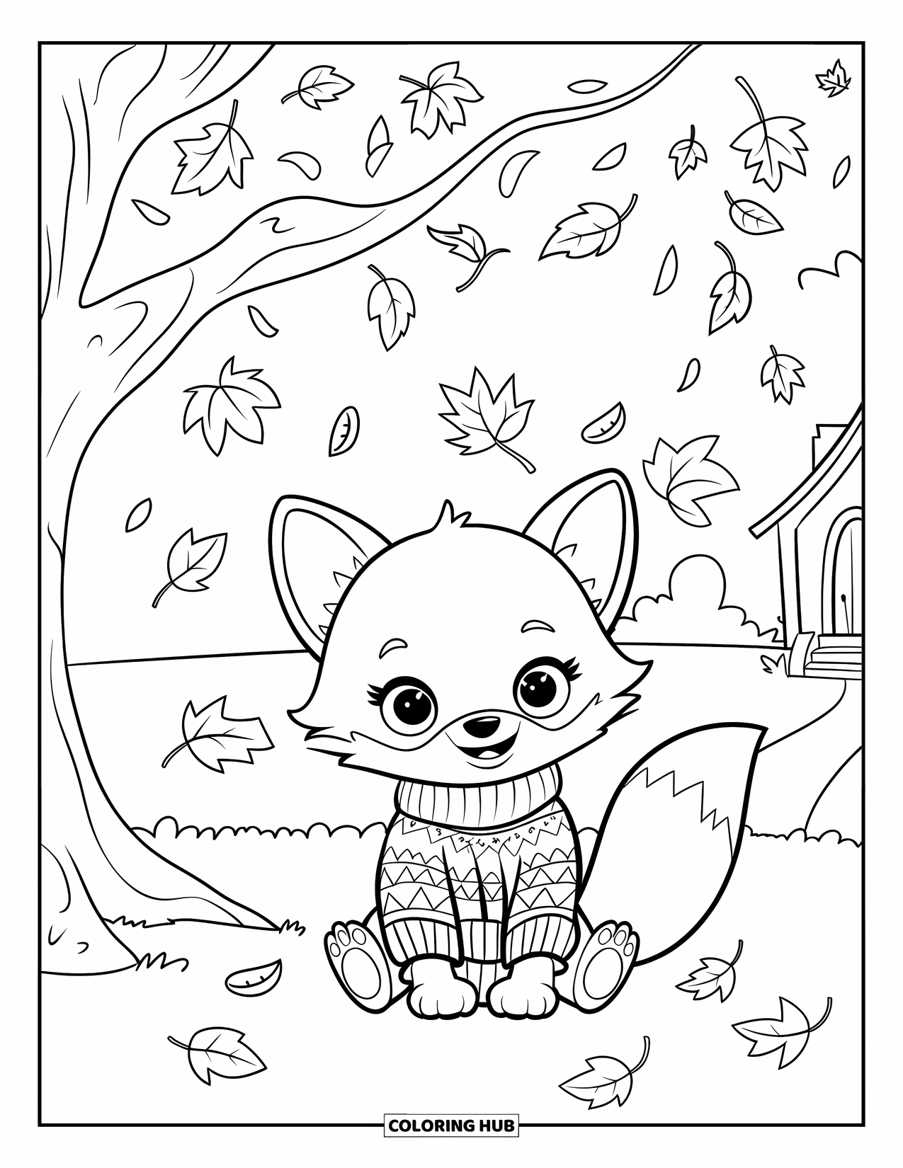 Fall Animal Coloring Page for Kids: Sweatered fox rests under a tree near a house