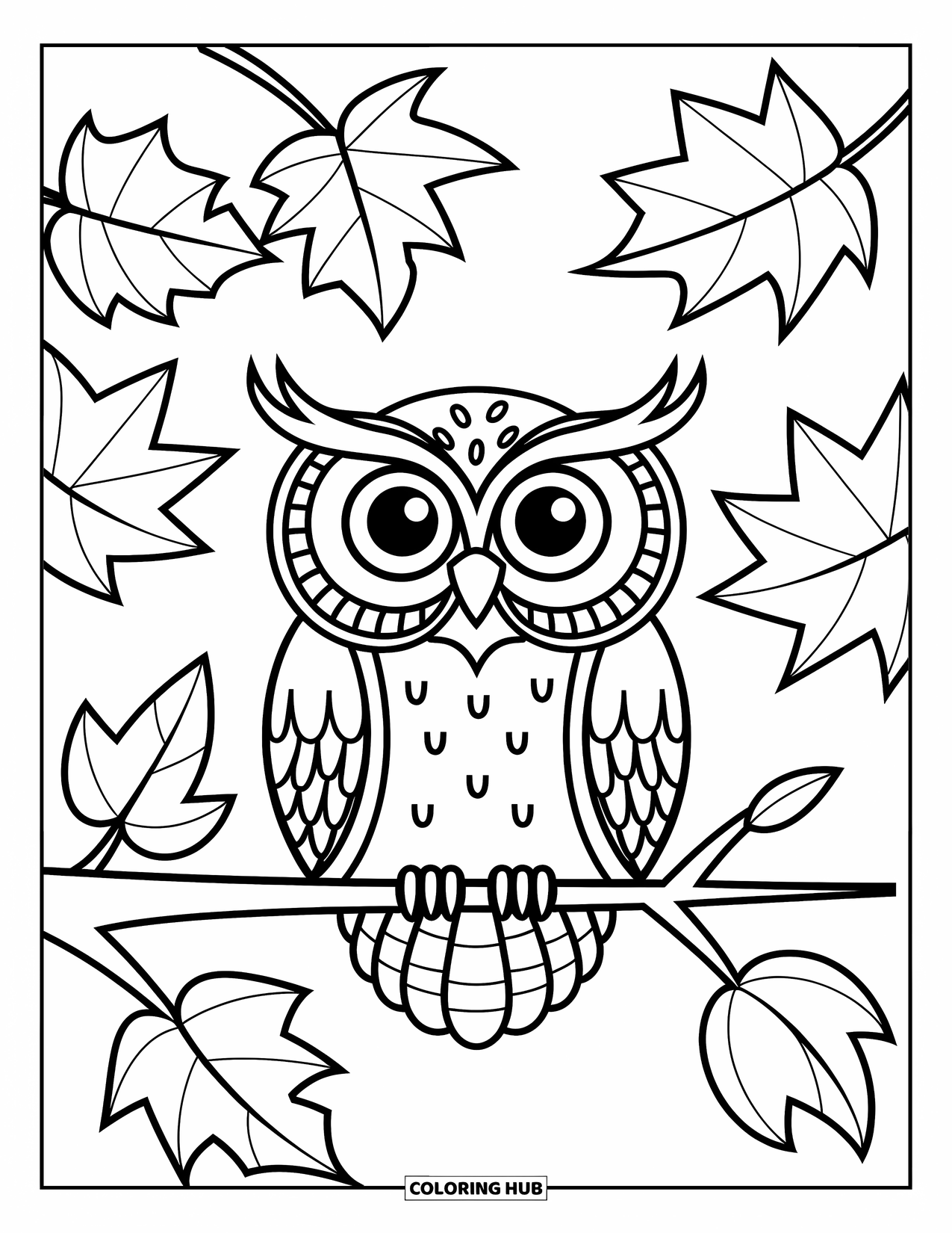 Fall Animal Coloring Page for Kids: Wide-eyed owl perches with big fall leaves nearby