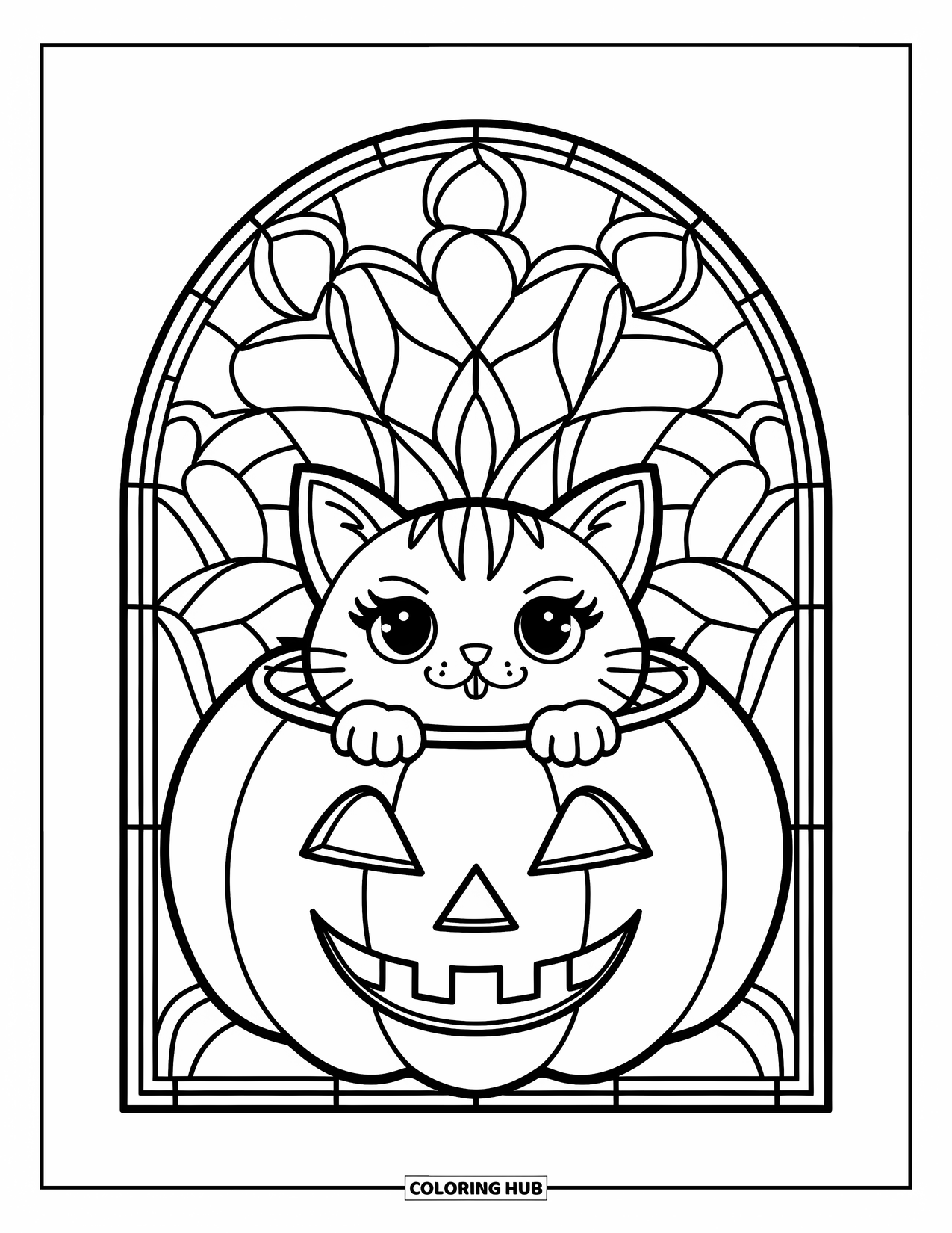 Fall Cat Coloring Page for Adults: A cat lounges inside a pumpkin surrounded by stained glass shapes and cozy details