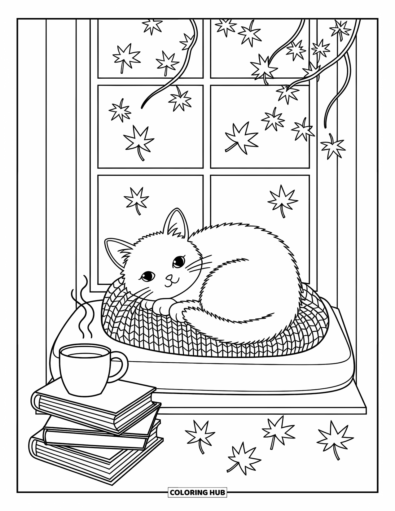Fall Cat Coloring Page for Adults: A cat naps on a blanket near a window with tea, books, and autumn leaves