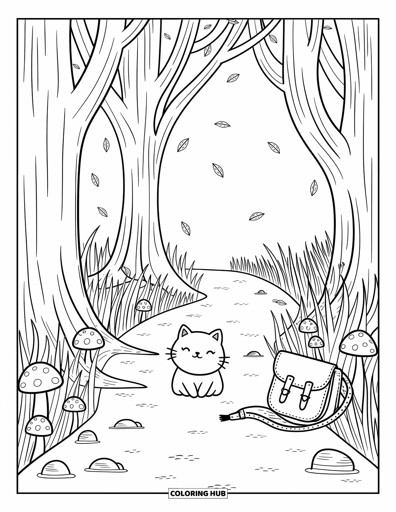 Fall Cat Coloring Page for Adults: A cat sits on a path lined with mushrooms, rocks, and softly falling leaves