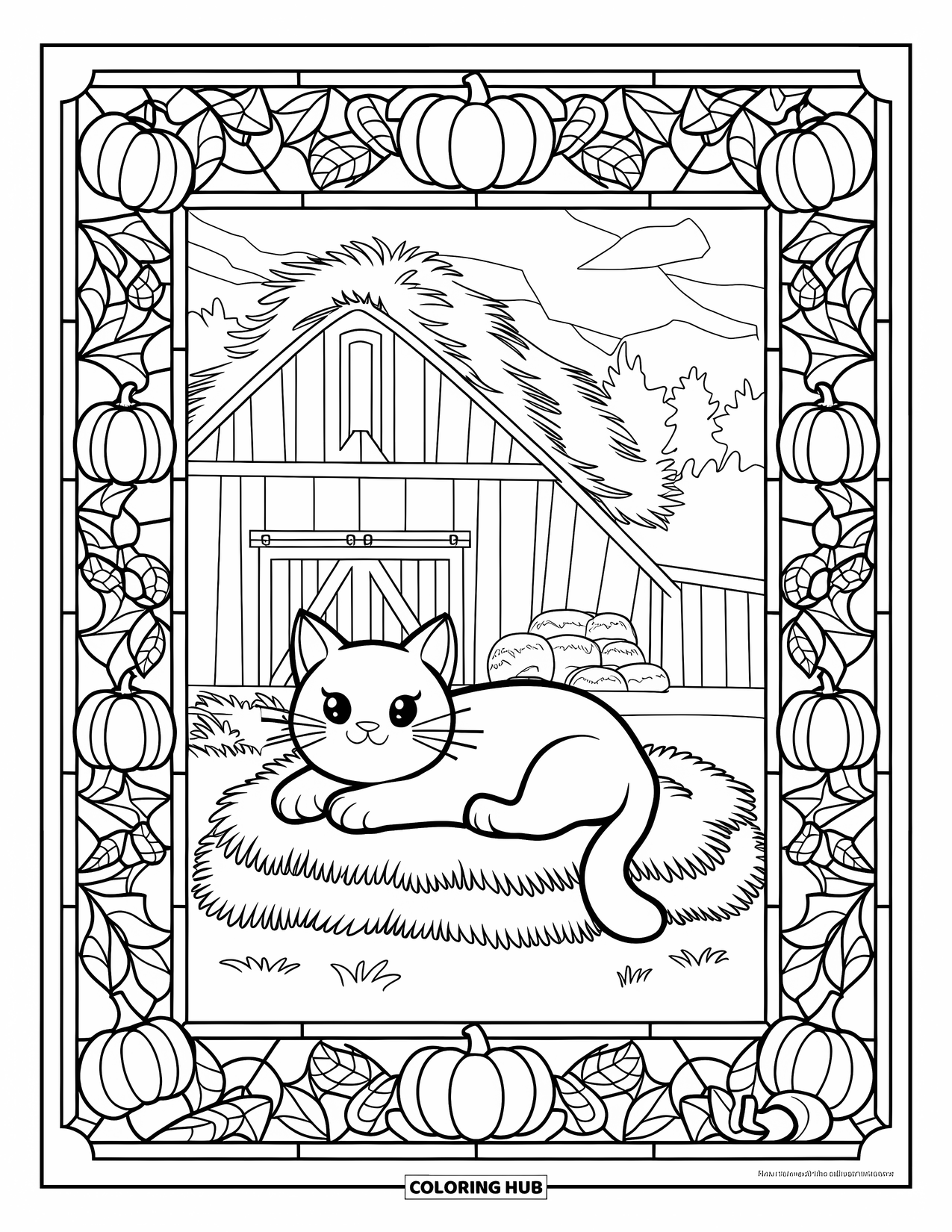 Fall Cat Coloring Page for Adults: A cozy cat rests on hay under a stained glass frame of leaves and pumpkins