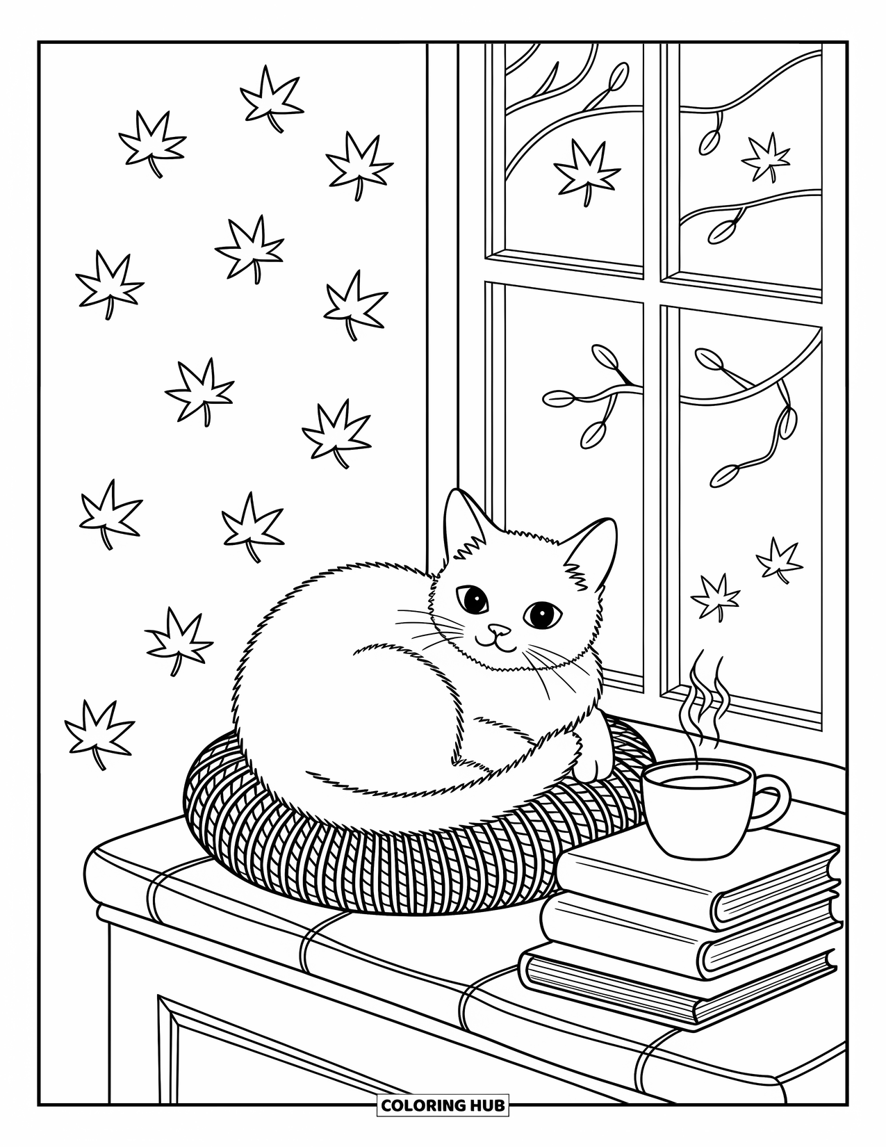 Fall Cat Coloring Page for Adults: A curled-up cat naps on a blanket by the window with falling leaves outside