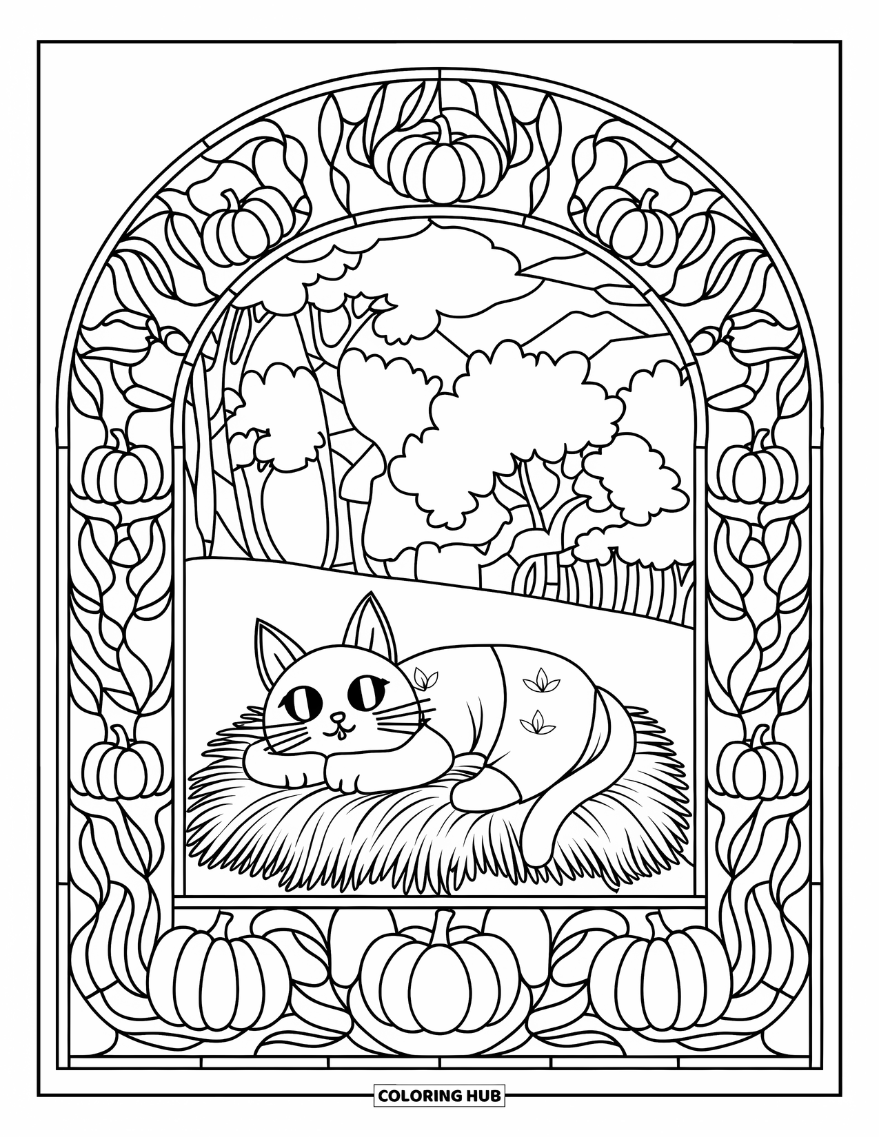 Fall Cat Coloring Page for Adults: A fall-dressed cat lounges in hay inside a stained glass border full of pumpkins