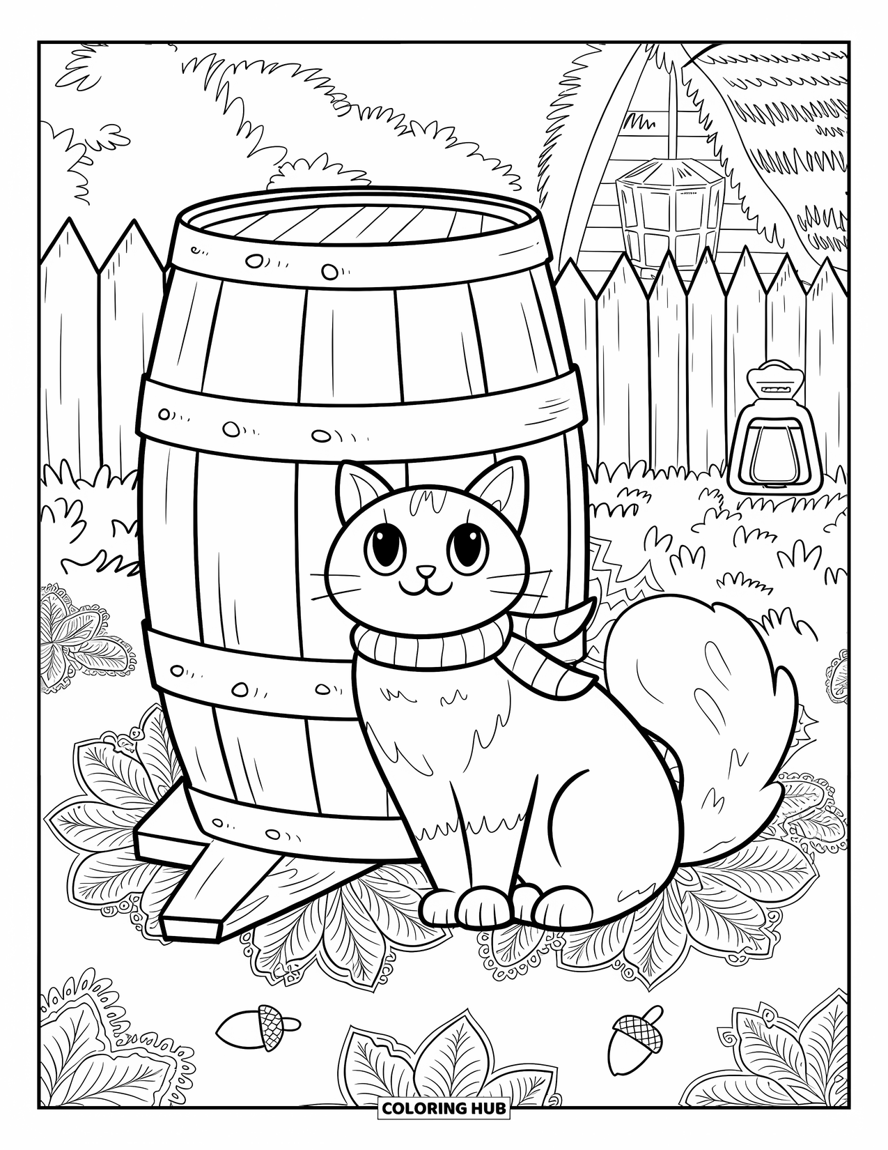 Fall Cat Coloring Page for Adults: A fluffy-tailed cat in a scarf sits by a barrel with leaves and a lantern