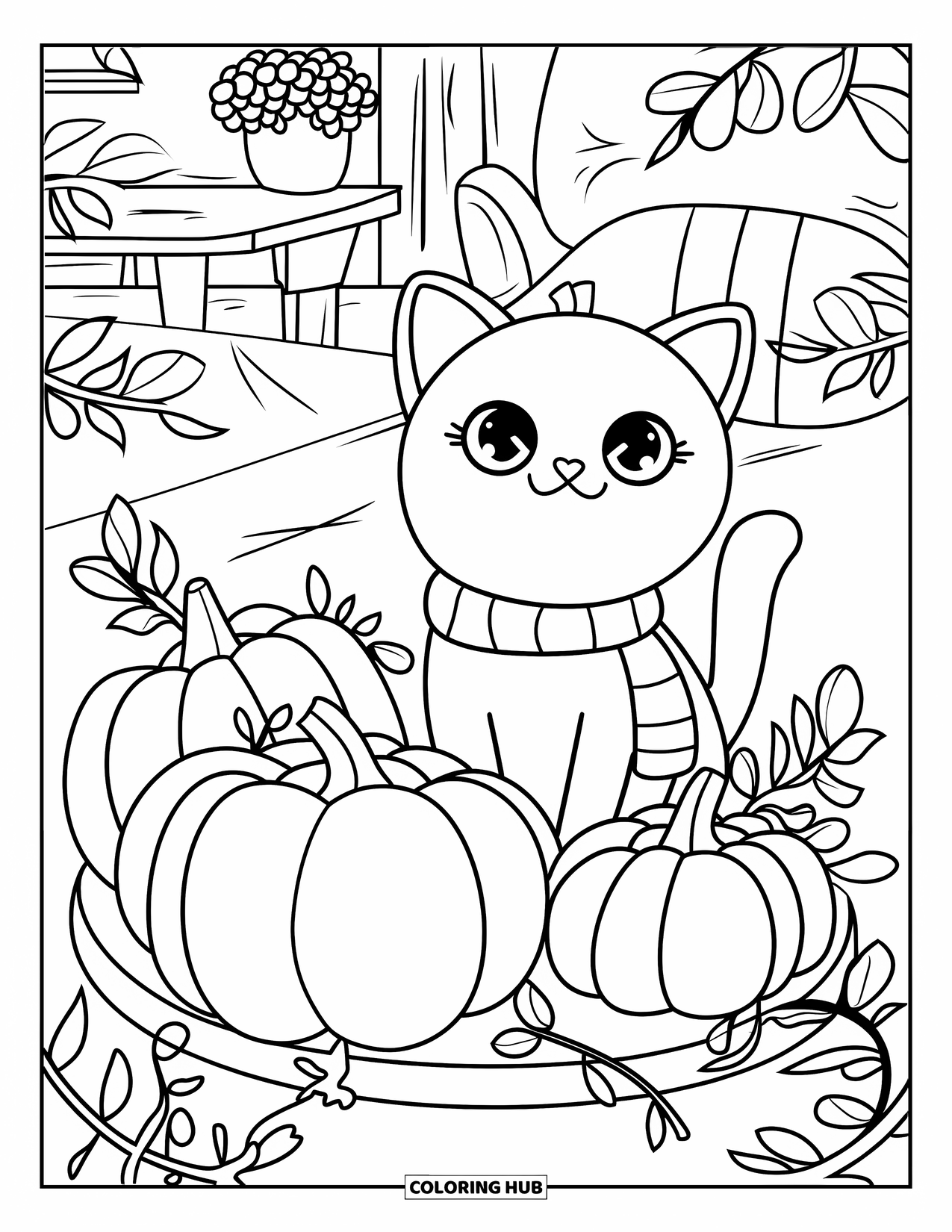 Fall Cat Coloring Page for Adults: A heart-faced cat in a scarf sits beside pumpkins near a wooden table