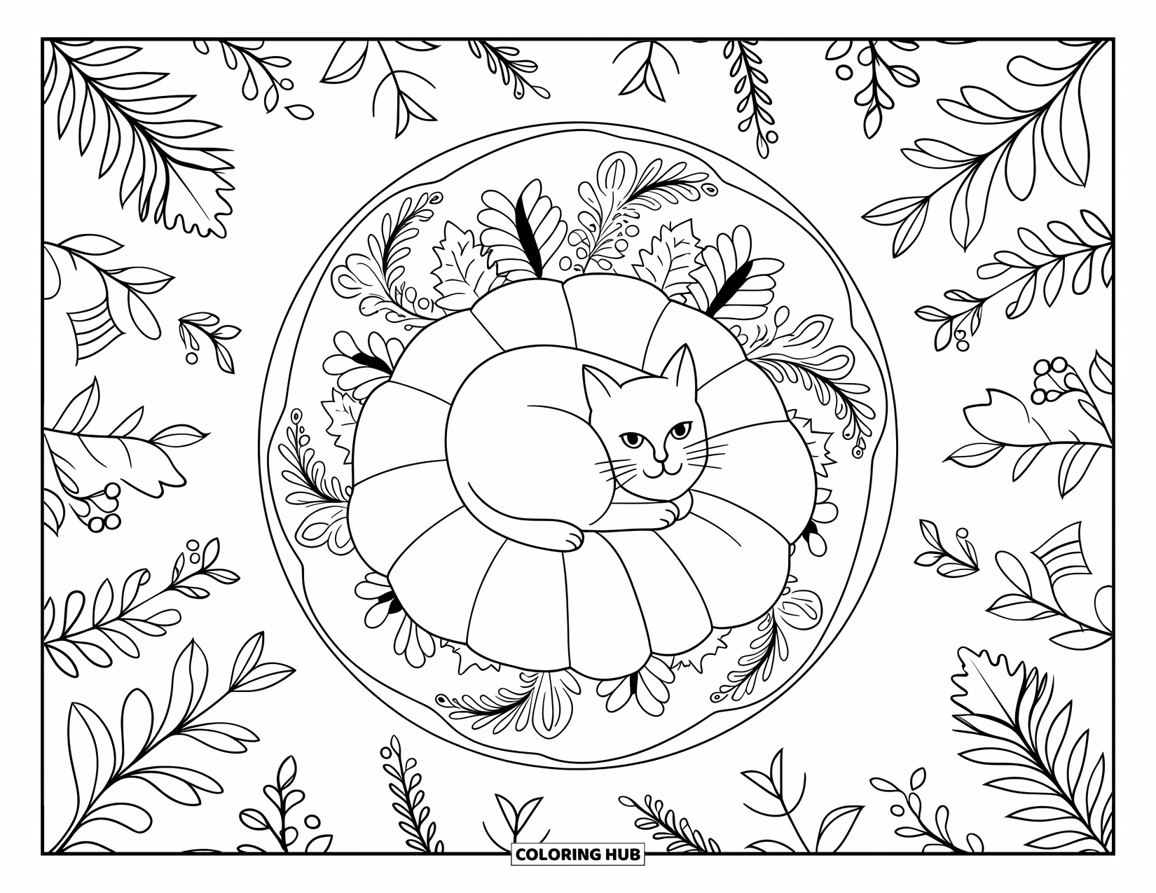 Fall Cat Coloring Page for Adults: A peaceful cat rests in a leaf-filled mandala bed surrounded by cozy branches