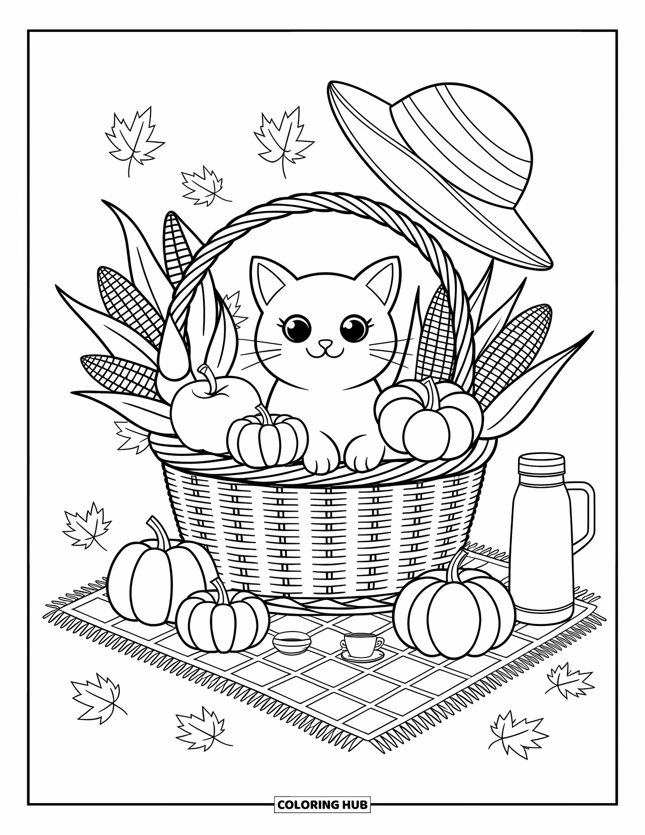 Fall Cat Coloring Page for Adults: A playful cat peeks from a cozy harvest basket surrounded by leaves and a thermos