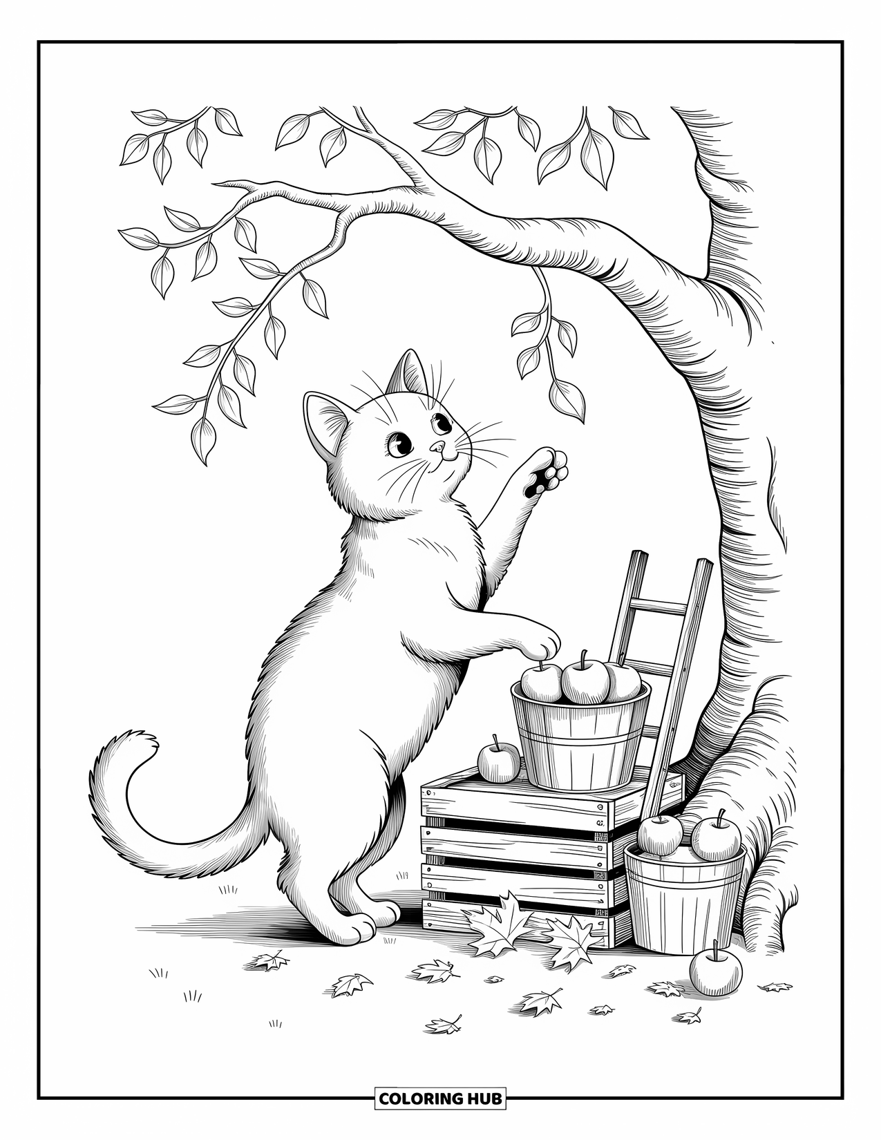 Fall Cat Coloring Page for Adults: A playful cat reaches for leaves while perched on a crate by a harvest bucket