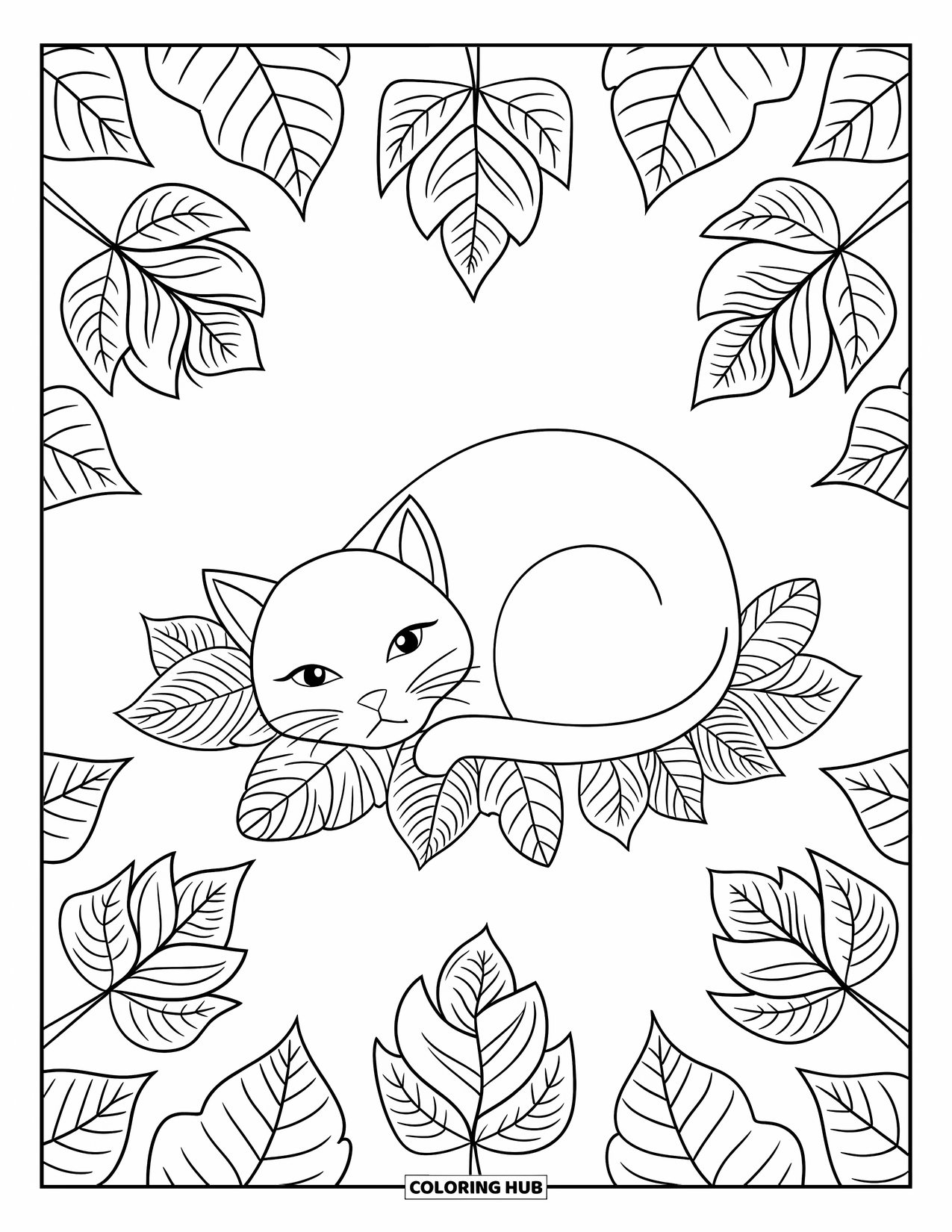 Fall Cat Coloring Page for Adults: A sleepy cat rests on patterned leaves in a forest full of trees