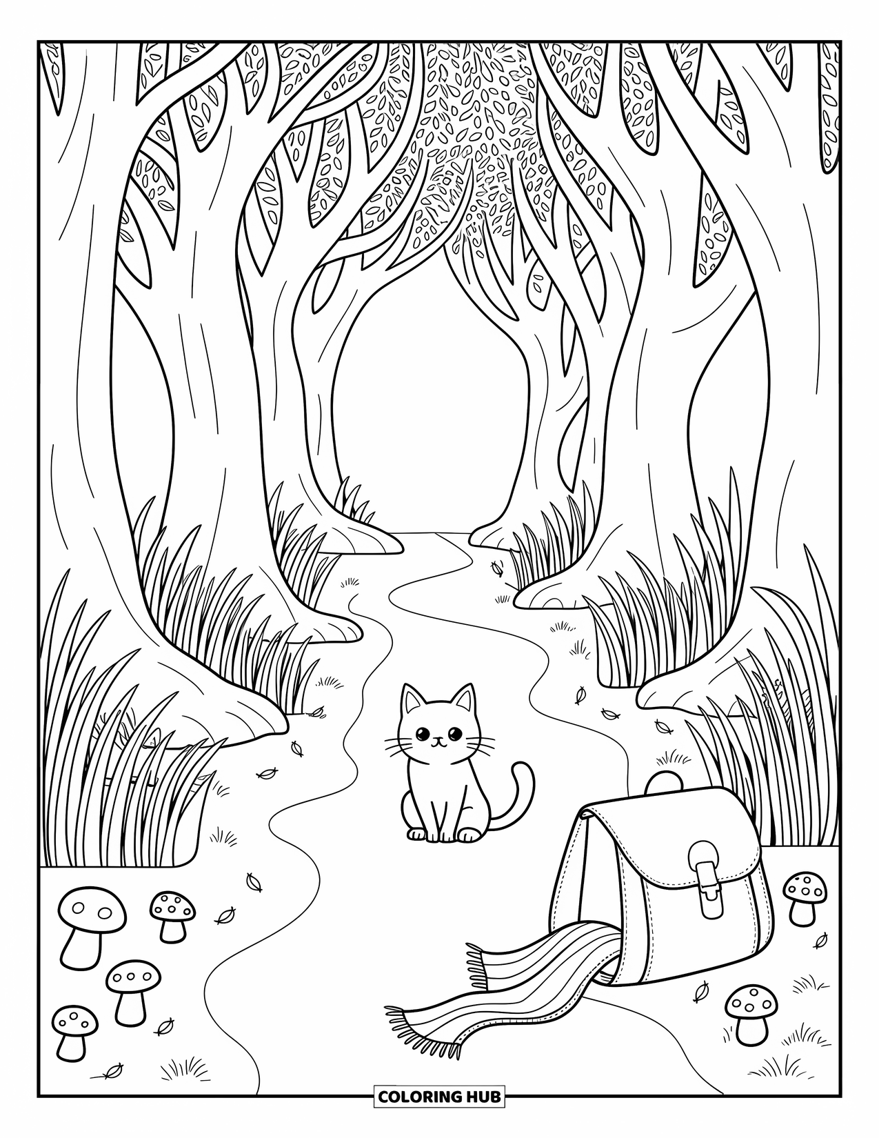 Fall Cat Coloring Page for Adults: A small cat sits on a forest path under arching trees and swirling autumn leaves