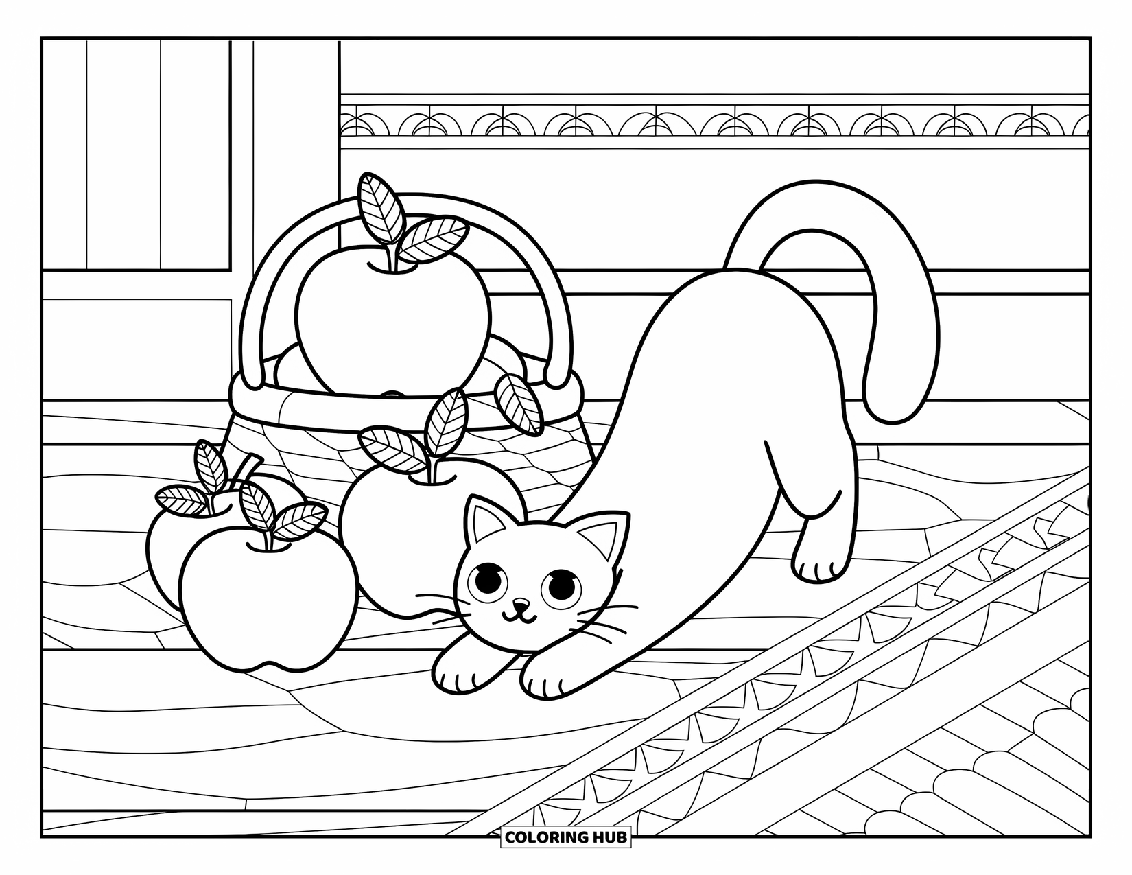 Fall Cat Coloring Page for Adults: A stretching cat rests near apples on a rug in a cozy wooden room