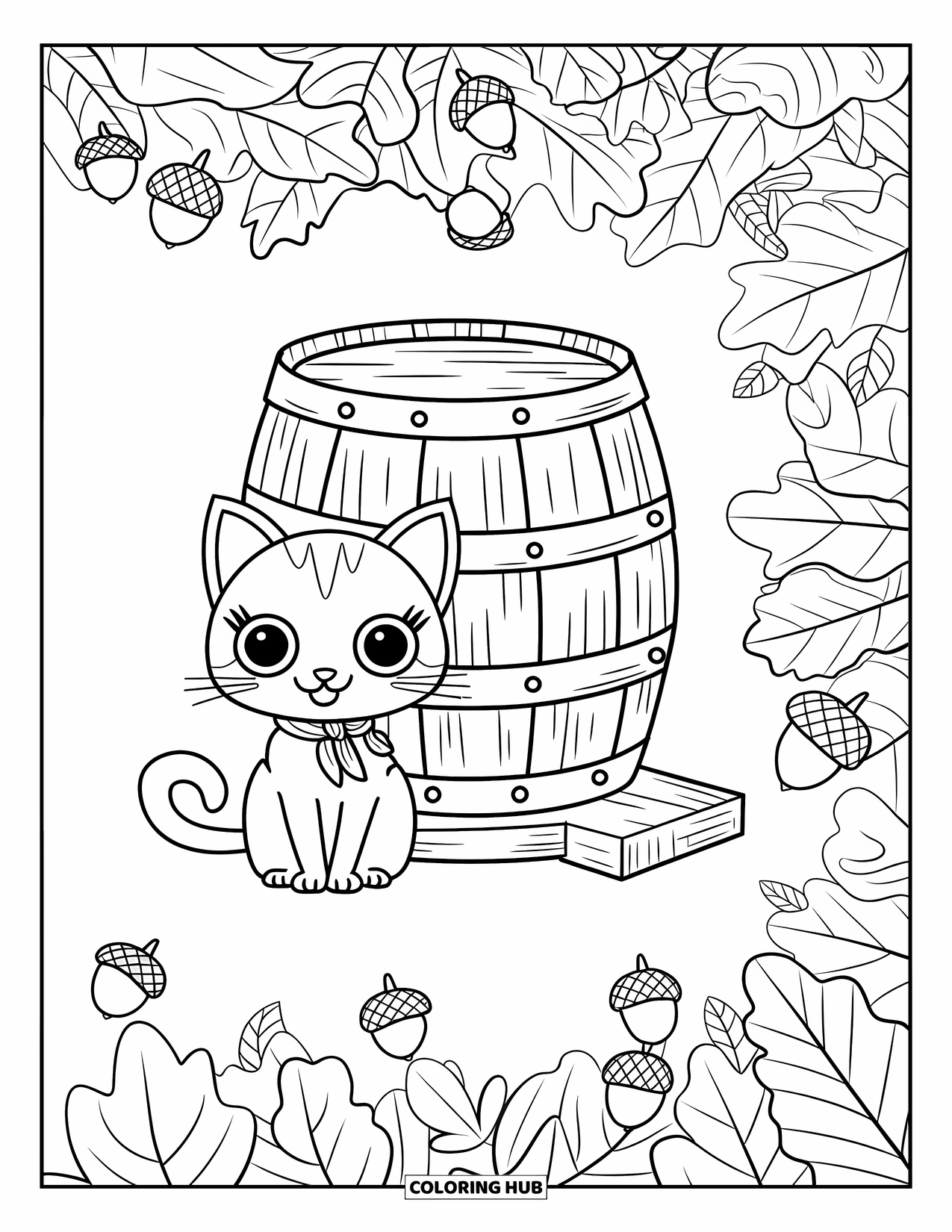 Fall Cat Coloring Page for Adults: A wide-eyed cat with a scarf sits near a barrel on a wooden base