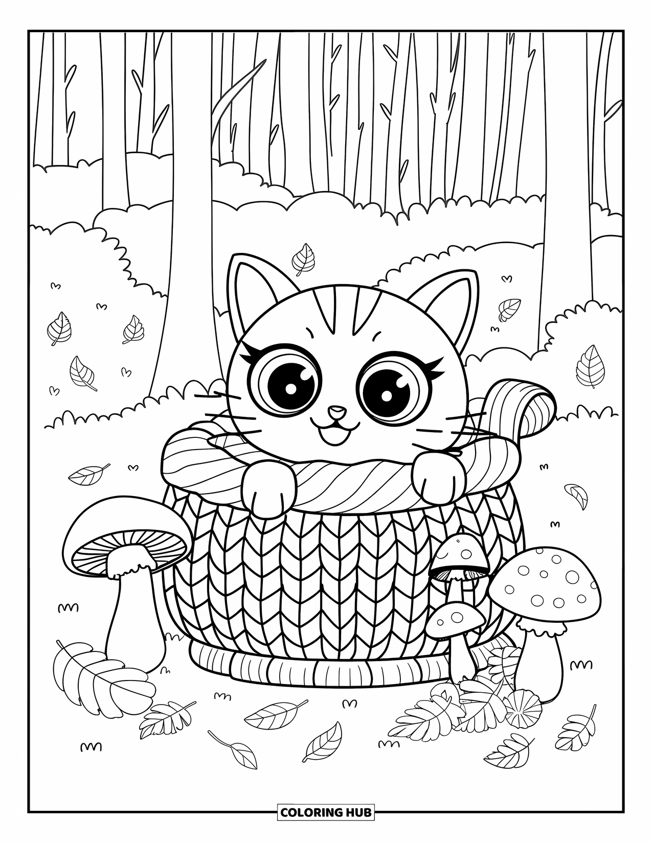 Fall Cat Coloring Page for Kids: A bundled-up cat sleeps in a basket near mushrooms and leaves under forest trees