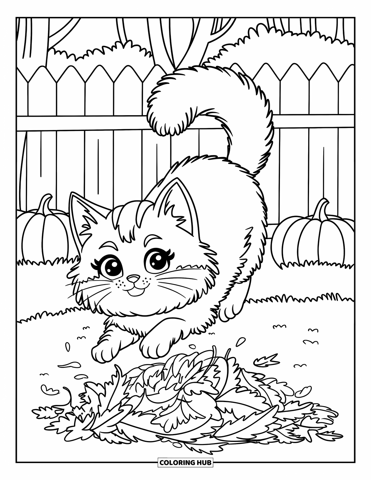 Fall Cat Coloring Page for Kids: A cat jumps into leaf piles by a wooden fence lined with pumpkins
