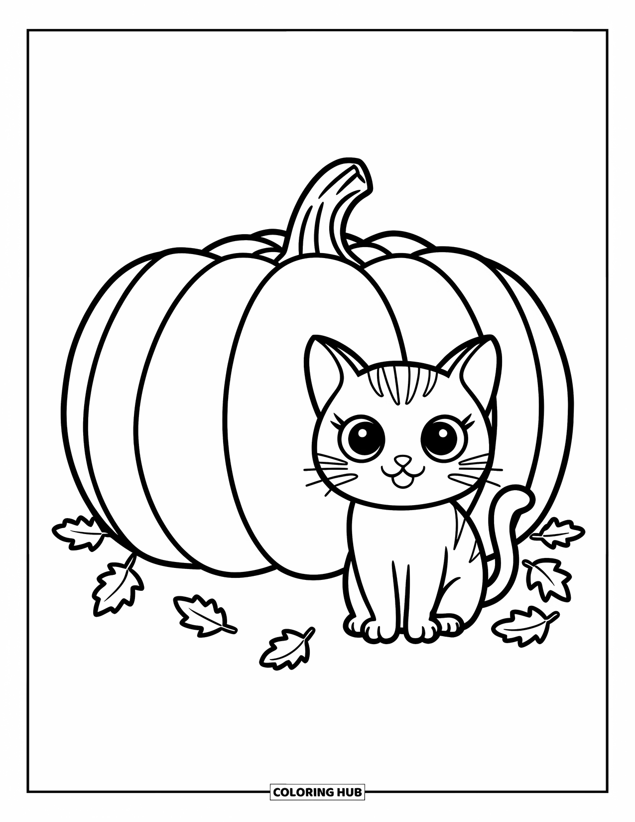 Fall Cat Coloring Page for Kids: A cat sits beside a big pumpkin with leaves scattered around