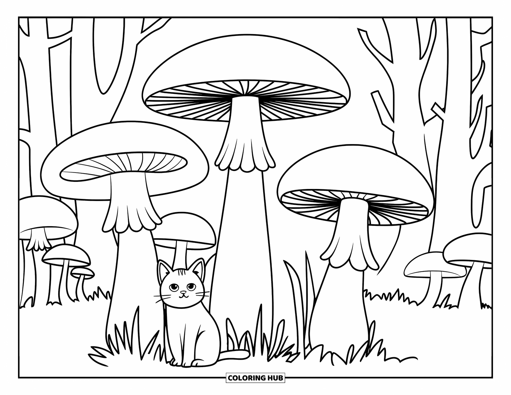 Fall Cat Coloring Page for Kids: A cat sits beside three big mushrooms under trees with scattered forest leaves