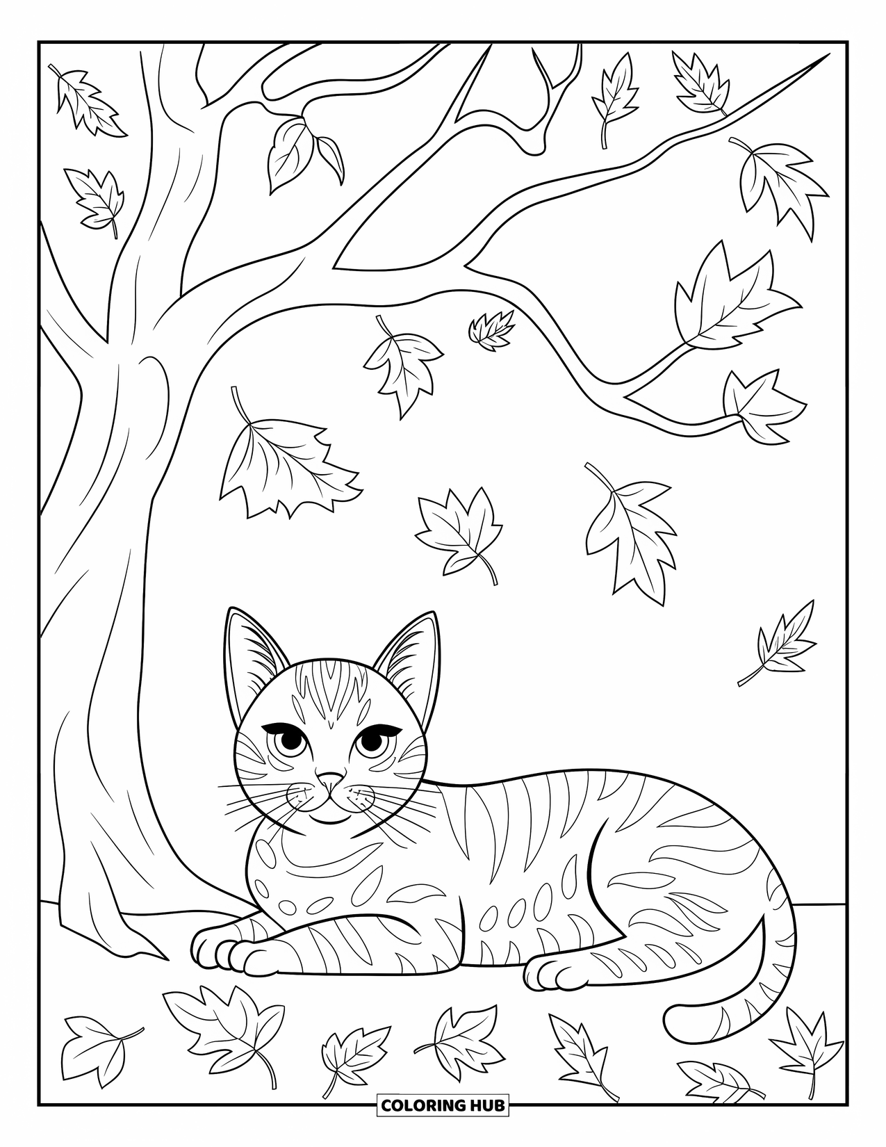 Fall Cat Coloring Page for Kids: A chill fall cat rests under a bare tree while swirling leaves float in the breeze
