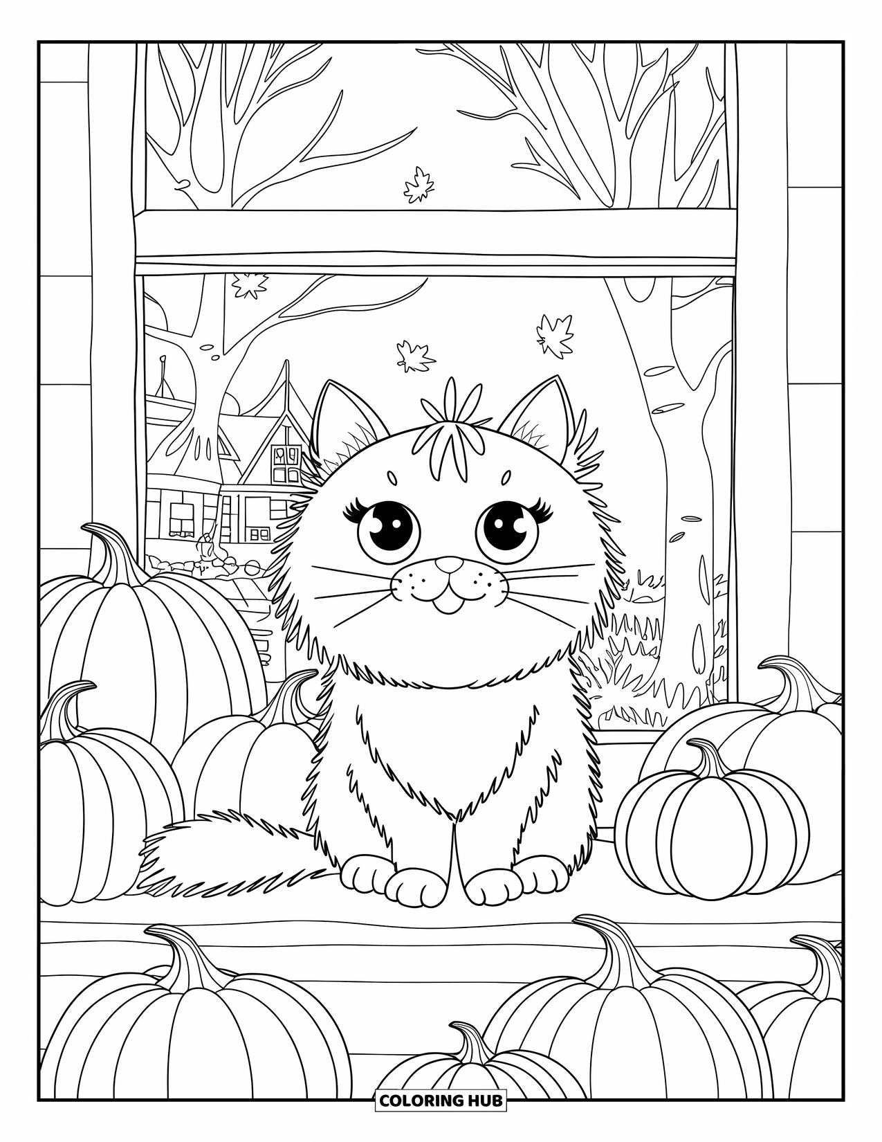 Fall Cat Coloring Page for Kids: A cozy cat sits among pumpkins on a windowsill, watching leaves fall from bare trees