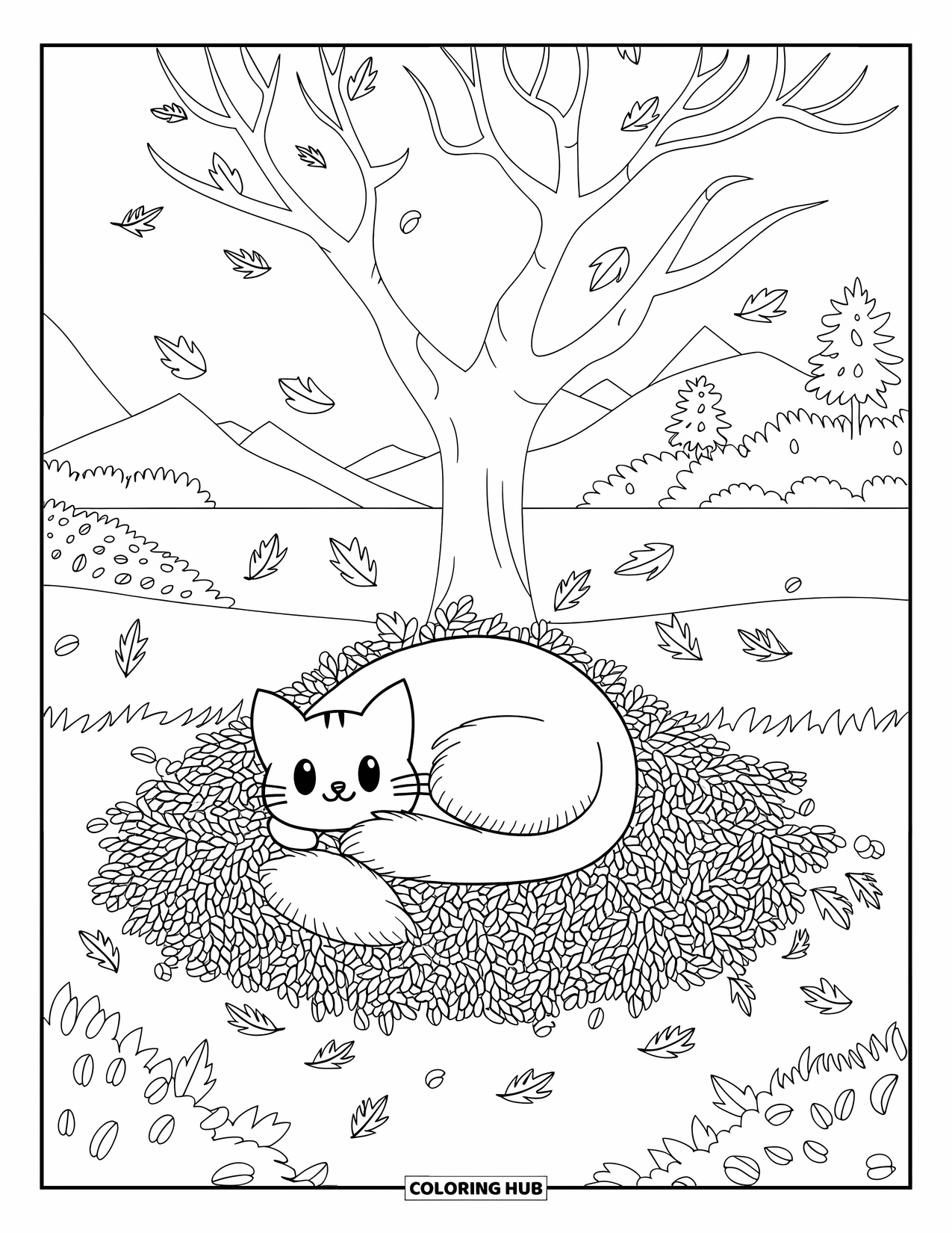 Fall Cat Coloring Page for Kids: A cozy cat with a fluffy tail sleeps in leaves beneath a bare tree and sky