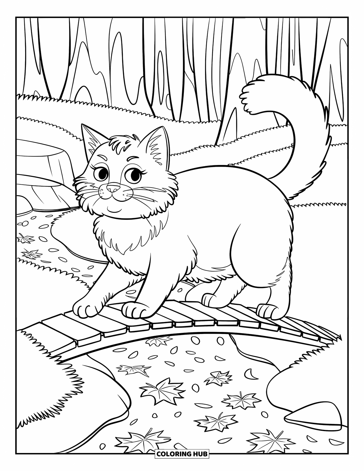 Fall Cat Coloring Page for Kids: A cozy fall cat walks on a wooden bridge above a leafy creek in the woods