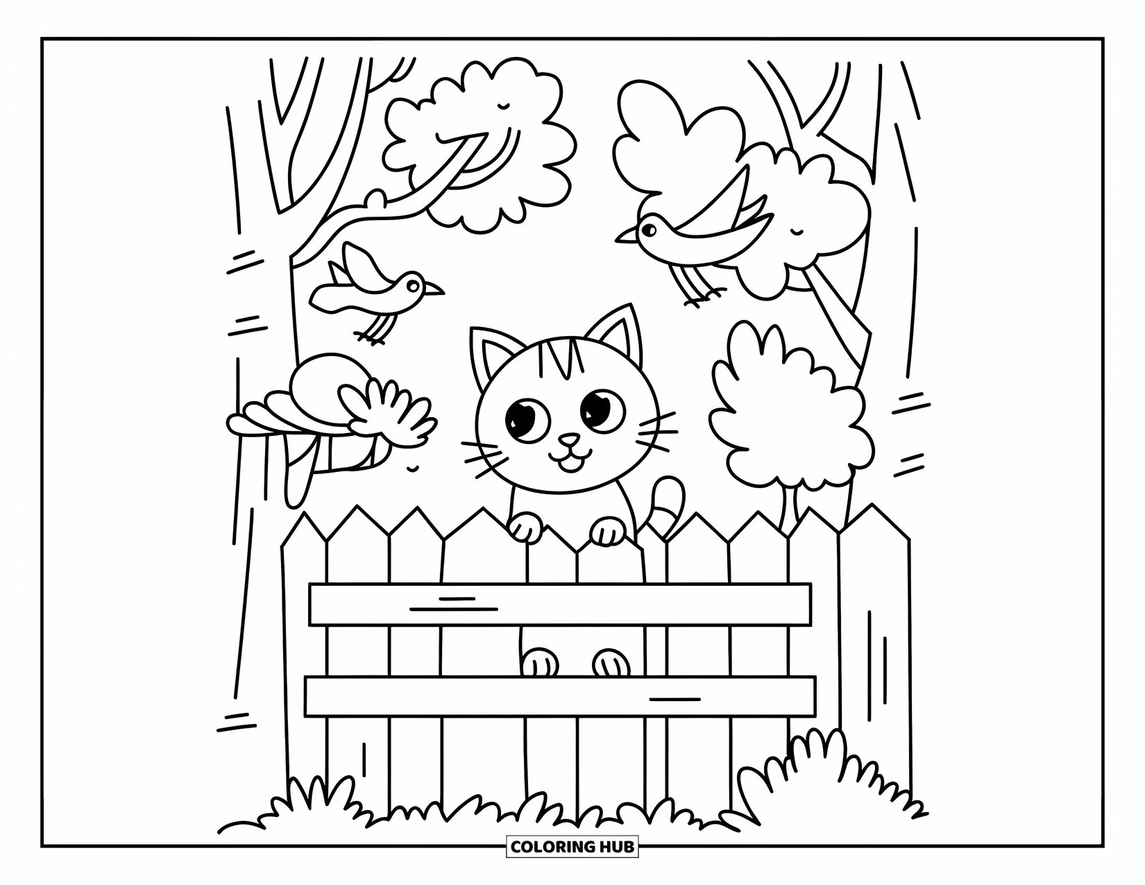 Fall Cat Coloring Page for Kids: A curious cat watches birds beyond a fence lined with fall trees
