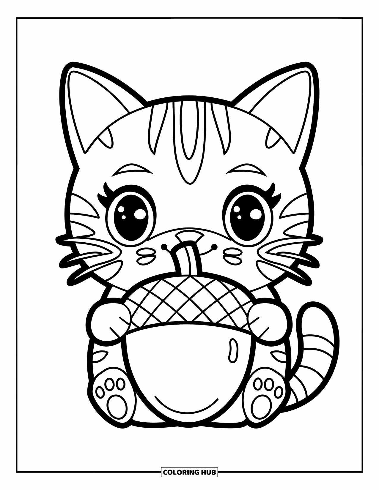 Fall Cat Coloring Page for Kids: A fall cat holds a big acorn in its paws with a cozy smile