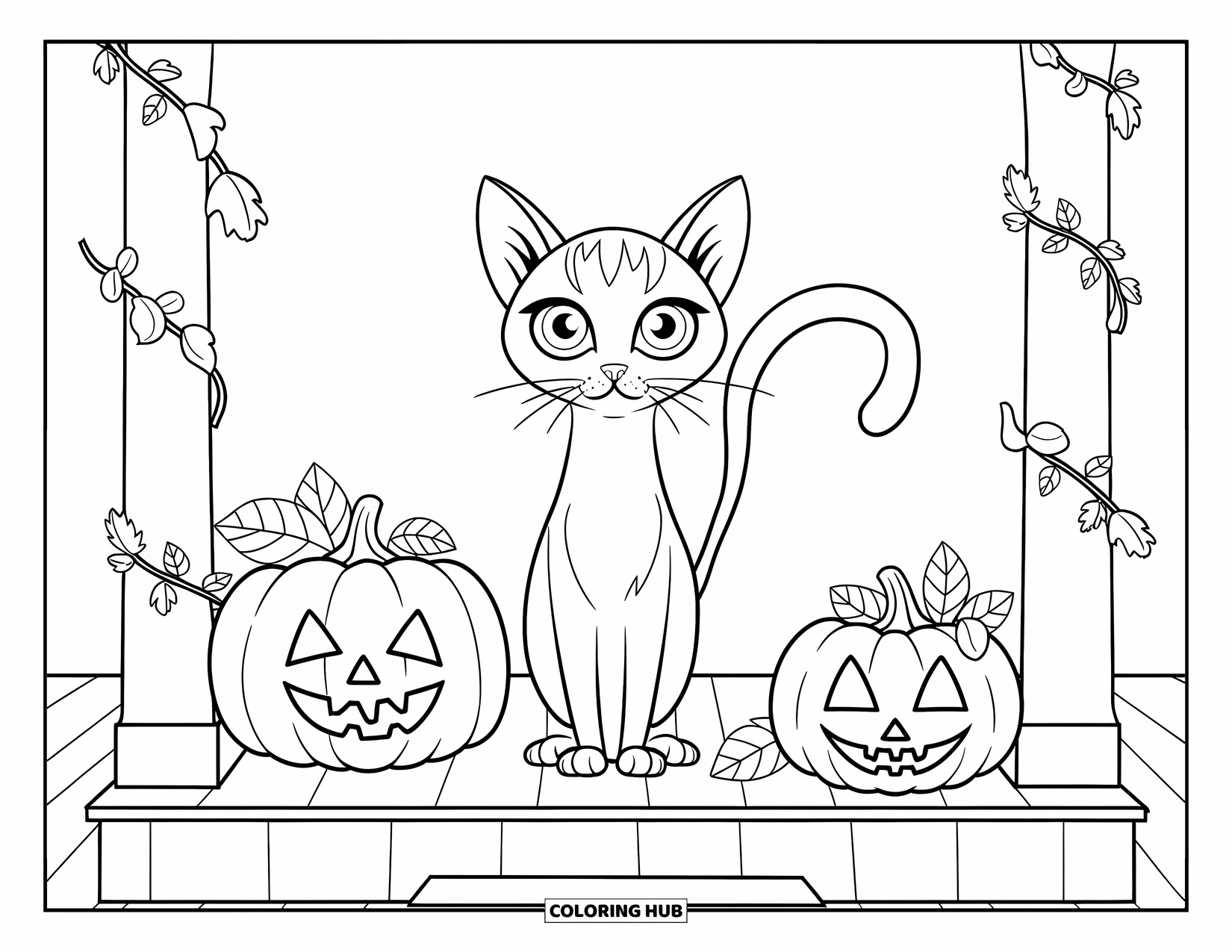Fall Cat Coloring Page for Kids: A fall cat stands upright on a porch with pumpkins and leaf garlands around it