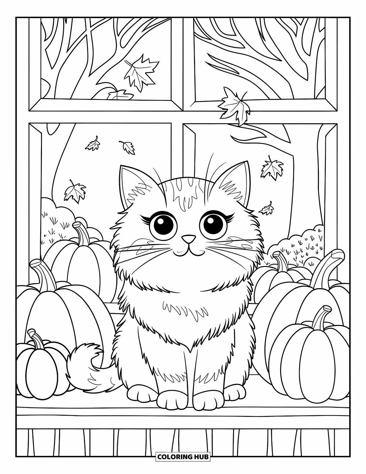 Fall Cat Coloring Page for Kids: A fluffy fall cat sits on a windowsill with pumpkins and falling leaves outside
