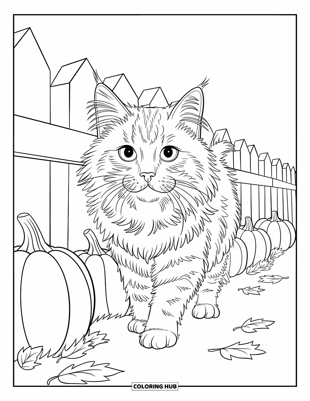 Fall Cat Coloring Page for Kids: A fluffy fall cat with tufted ears walks a fence lined with pumpkins and leaves