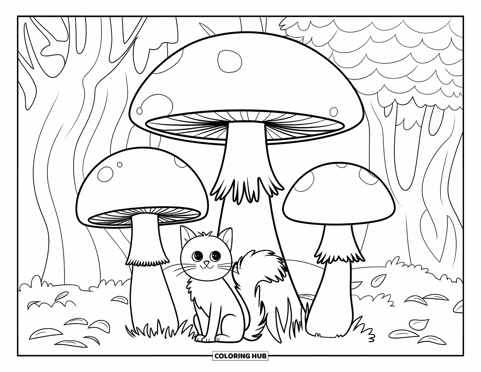 Fall Cat Coloring Page for Kids: A fluffy-tailed cat sits near large mushrooms in a forest full of fallen leaves