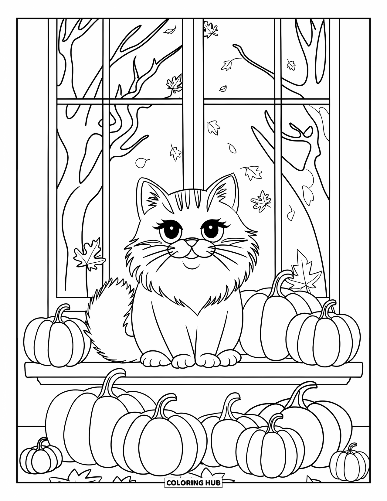 Fall Cat Coloring Page for Kids: A fluffy-tailed cat sits on a wide windowsill surrounded by pumpkins and falling leaves
