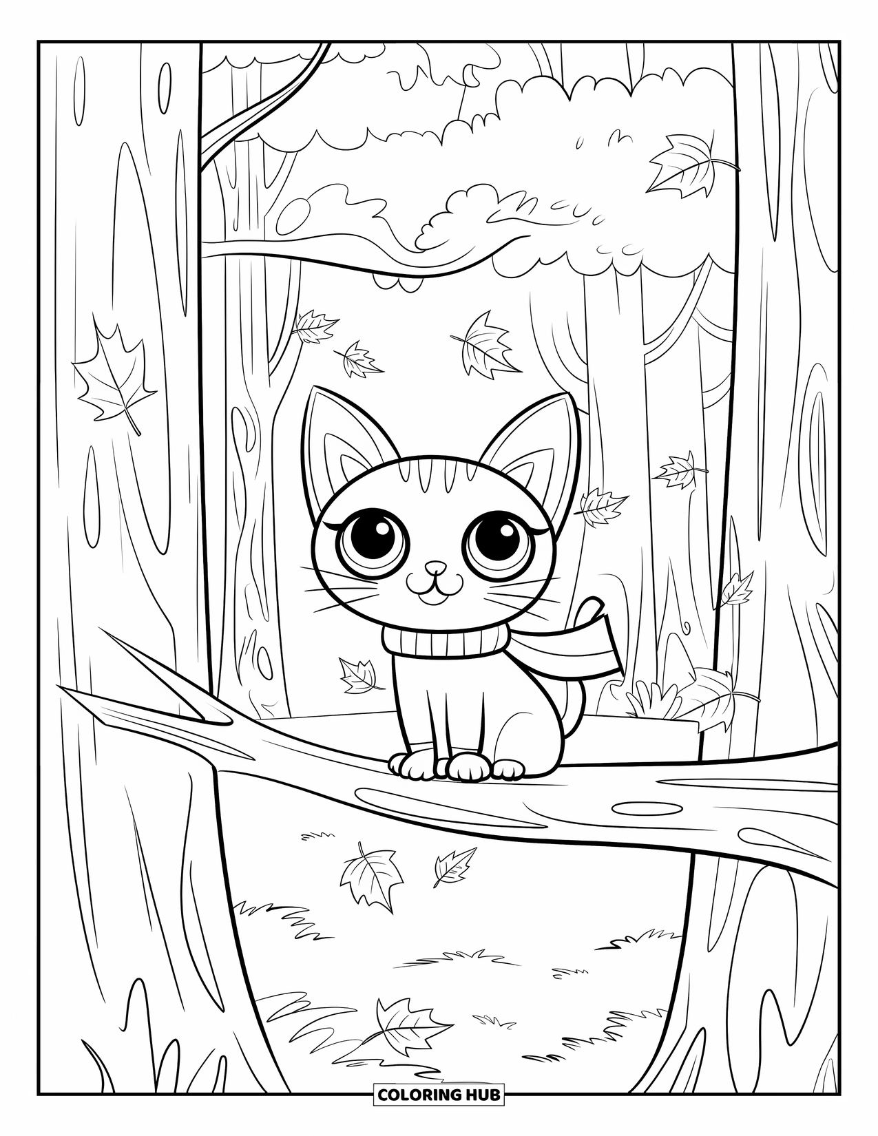 Fall Cat Coloring Page for Kids: A fluffy-tailed cat with a scarf sits on a branch as leaves fall gently around it