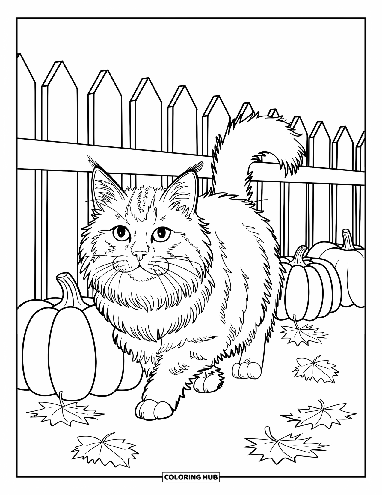 Fall Cat Coloring Page for Kids: A long-haired cat walks along a pumpkin-lined fence with scattered leaves below