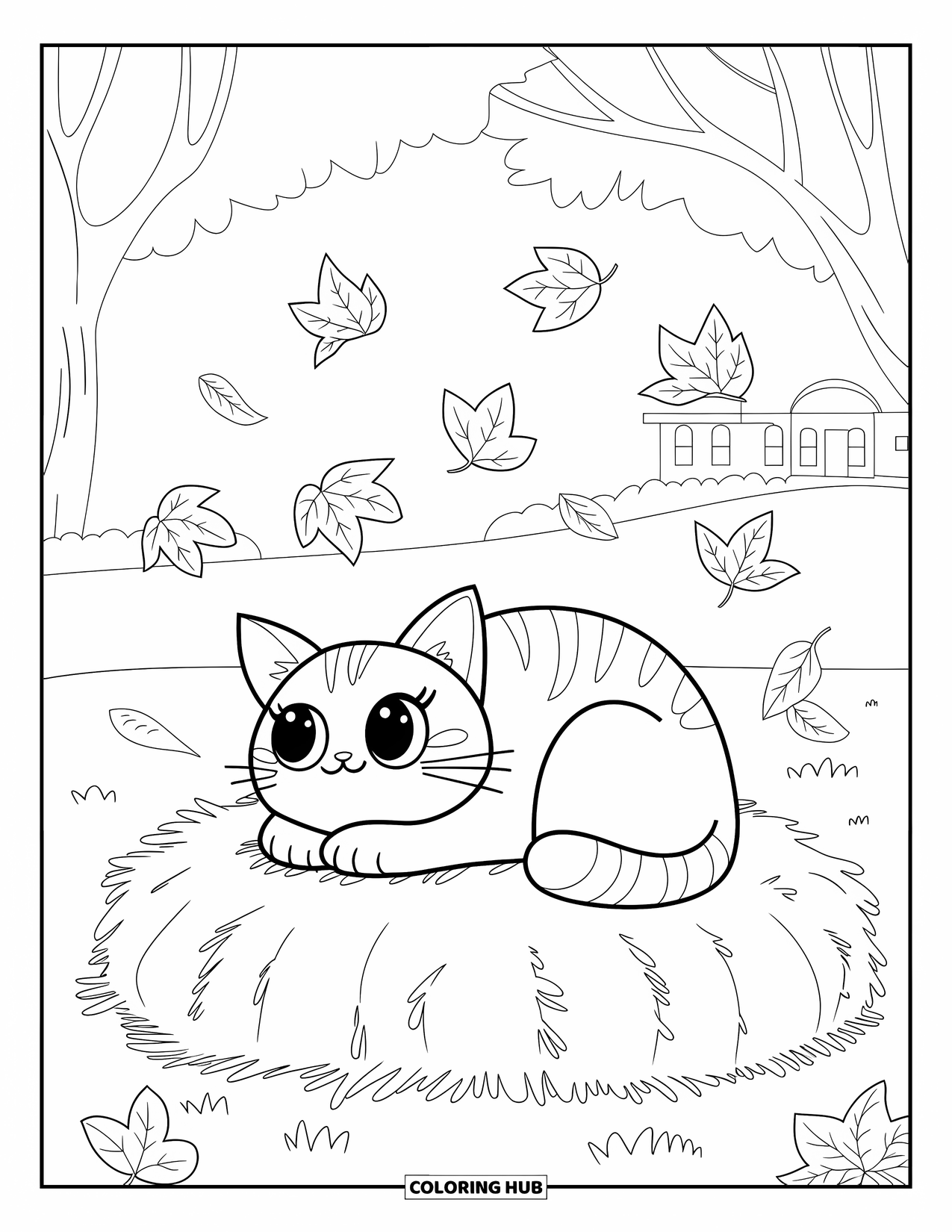 Fall Cat Coloring Page for Kids: A peaceful cat rests on a hay bale while leaves swirl near trees and a small house