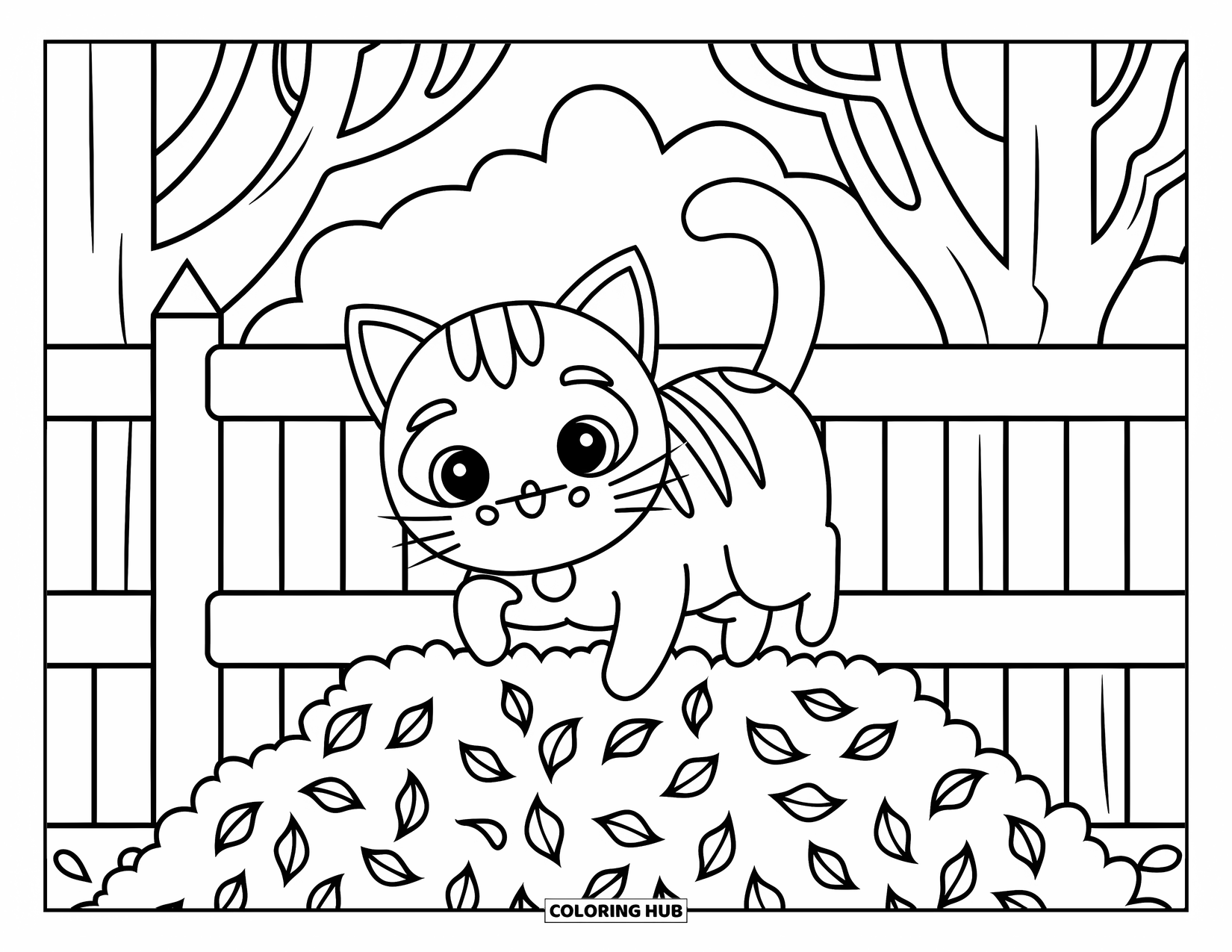Fall Cat Coloring Page for Kids: A playful cat leaps into fluffy leaves near trees and a fence in a peaceful yard