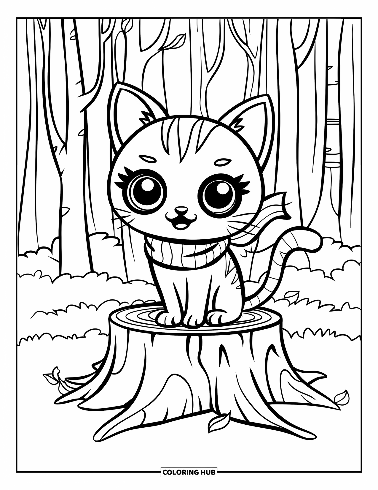 Fall Cat Coloring Page for Kids: A scarfed fall cat sits on a tree stump surrounded by leaves in the forest