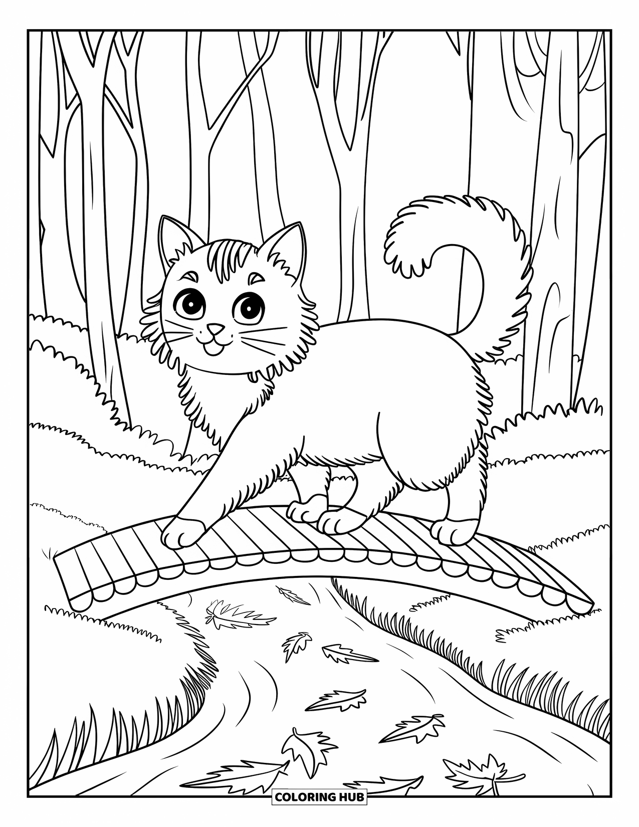 Fall Cat Coloring Page for Kids: A shaggy fall cat strolls across a wooden bridge over a creek with floating leaves