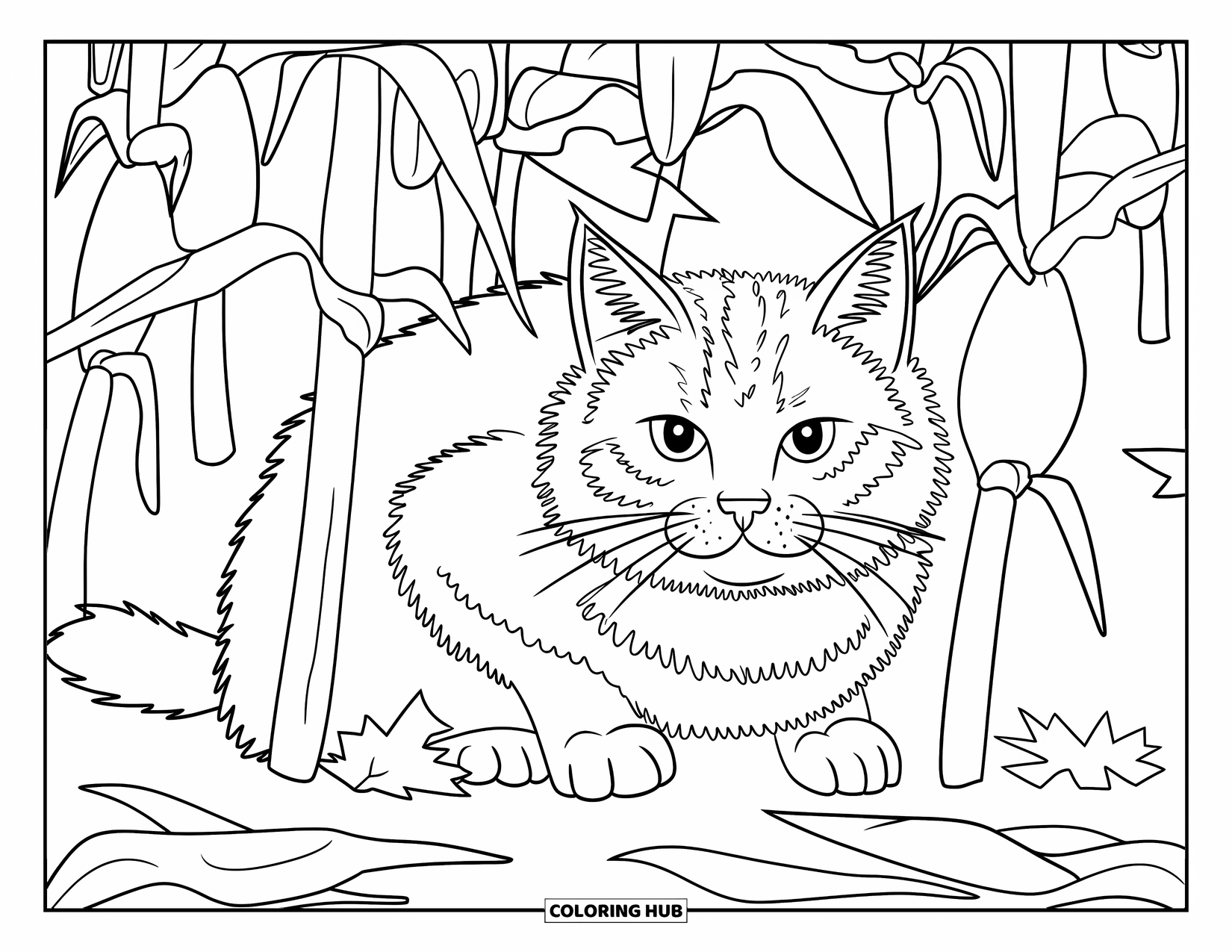 Fall Cat Coloring Page for Kids: A strong fall cat hides behind cornstalks and leaves in a quiet cornfield