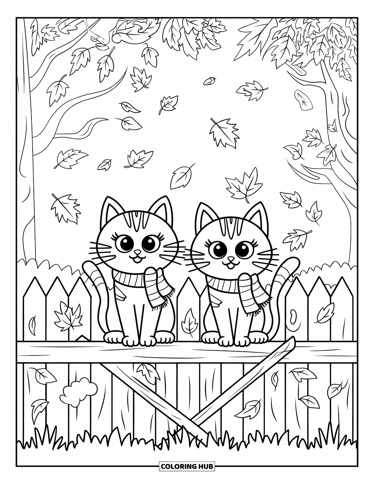 Fall Cat Coloring Page for Kids: Two cozy cats in scarves rest on a fence as autumn leaves swirl through the trees