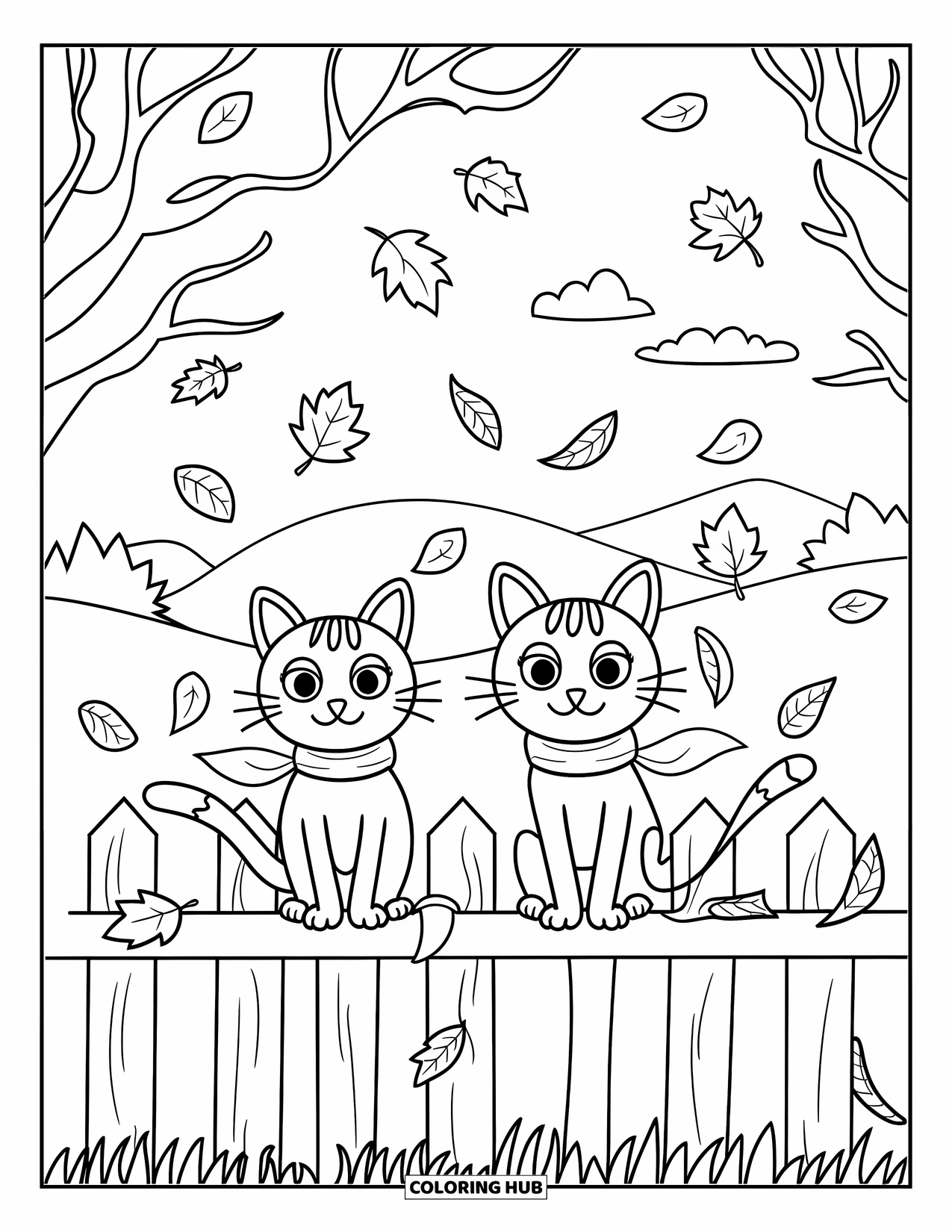 Fall Cat Coloring Page for Kids: Two fall cats in scarves sit on a fence under swirling leaves and peaceful skies