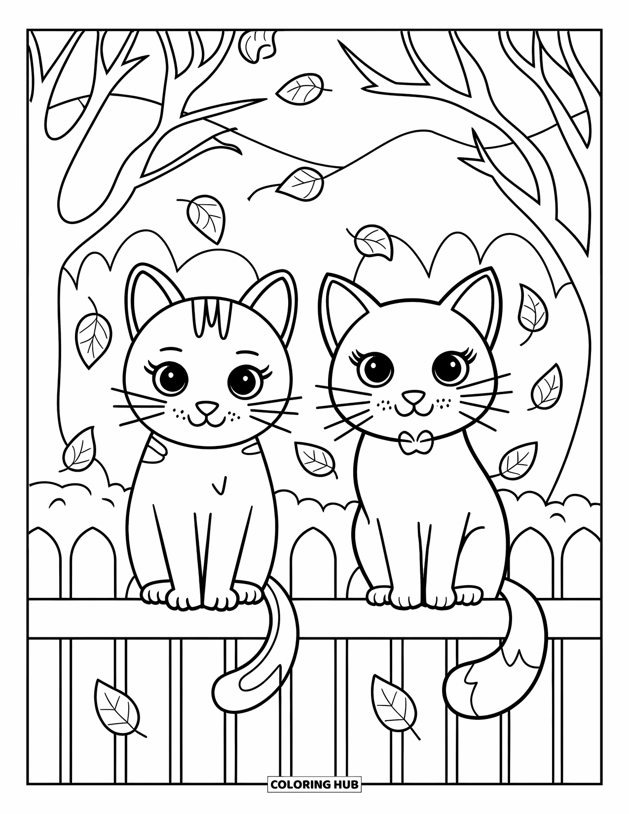 Fall Cat Coloring Page for Kids: Two snuggly cats sit on a fence with leaves swirling around a mountain view