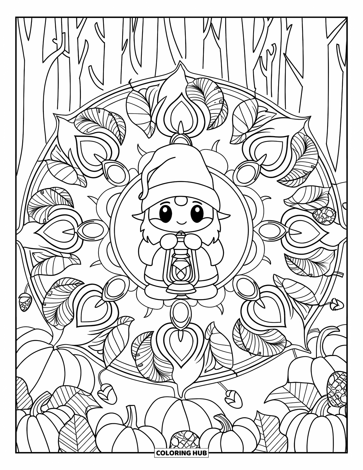 Fall Gnome Coloring Page for Adults: A cozy gnome lights the forest from the middle of a leafy, pumpkin-filled mandala