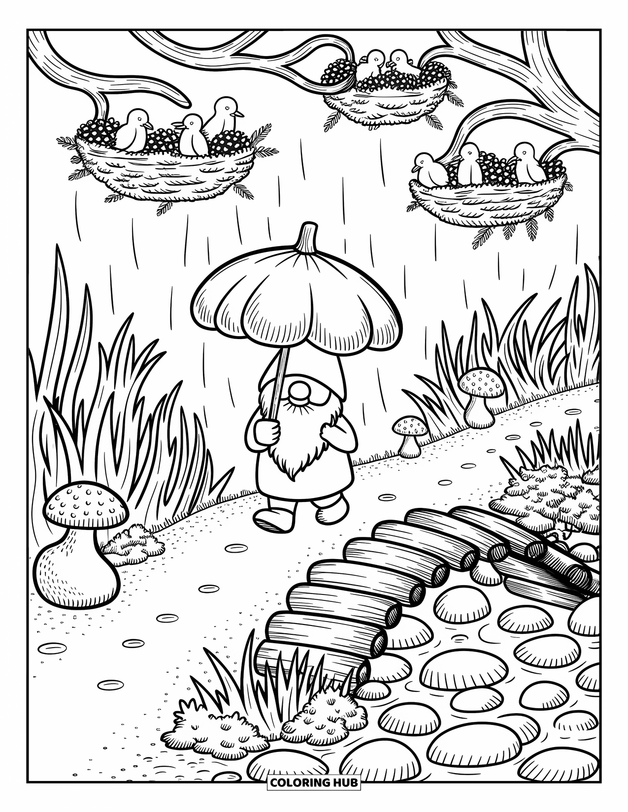 Fall Gnome Coloring Page for Adults: A gnome holds an acorn cap umbrella as curious animals watch from the woods