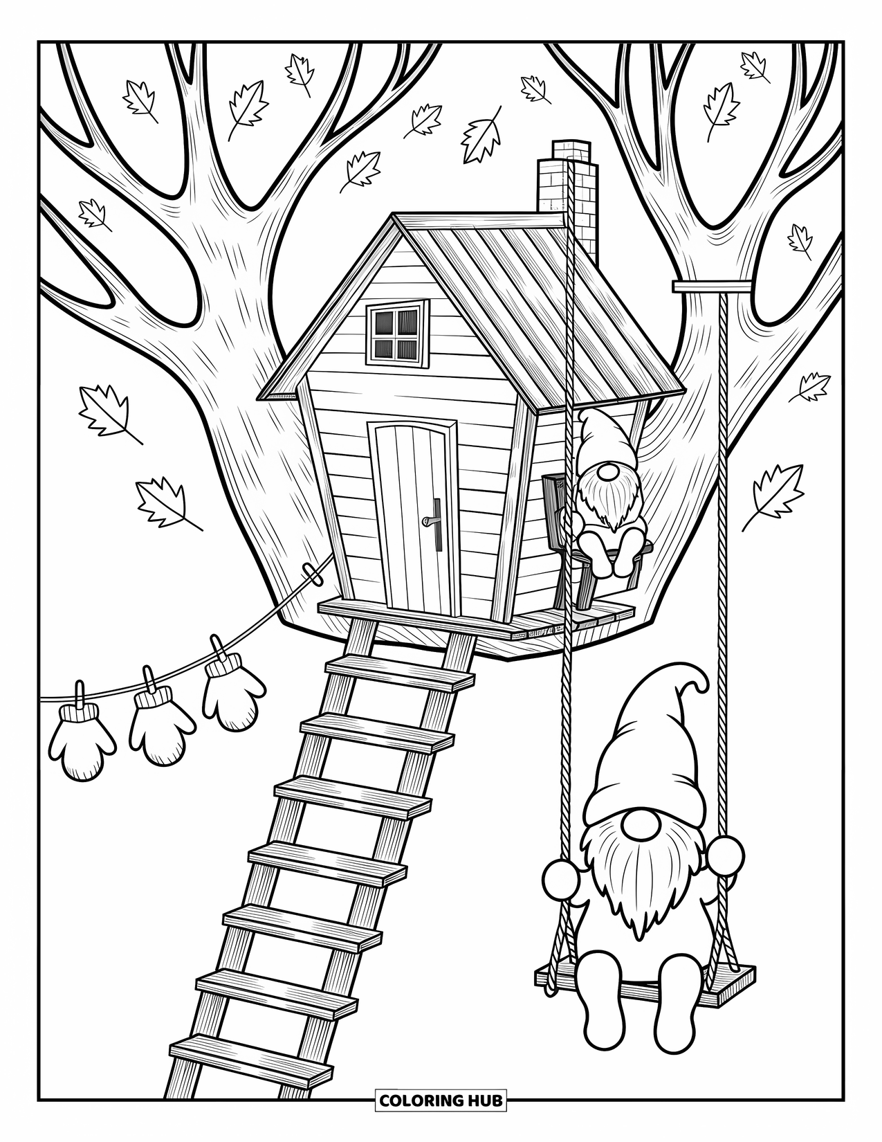 Fall Gnome Coloring Page for Adults: A gnome peeks from a treehouse while another swings from a branch below