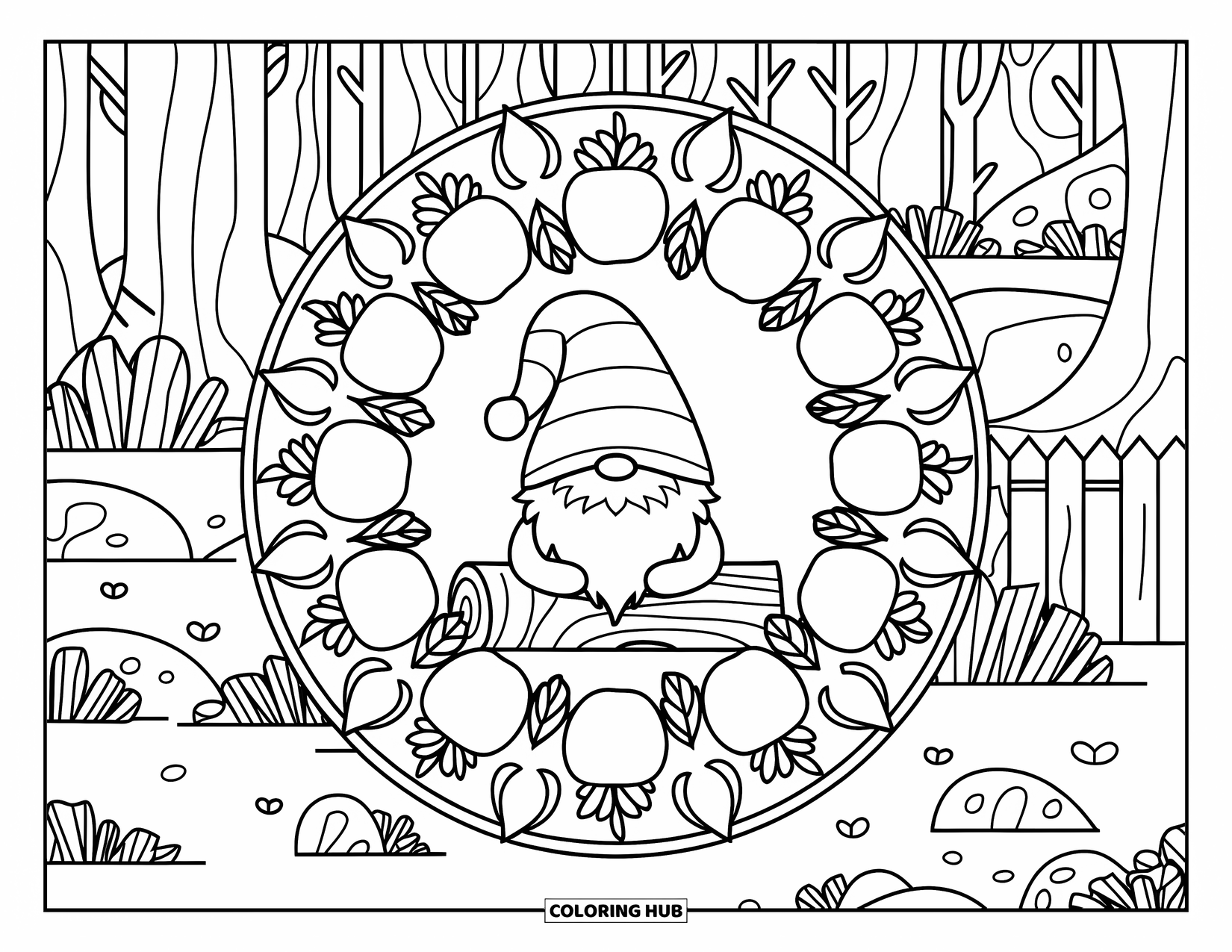 Fall Gnome Coloring Page for Adults: A gnome relaxes at the heart of a leafy, apple-filled mandala in the woods