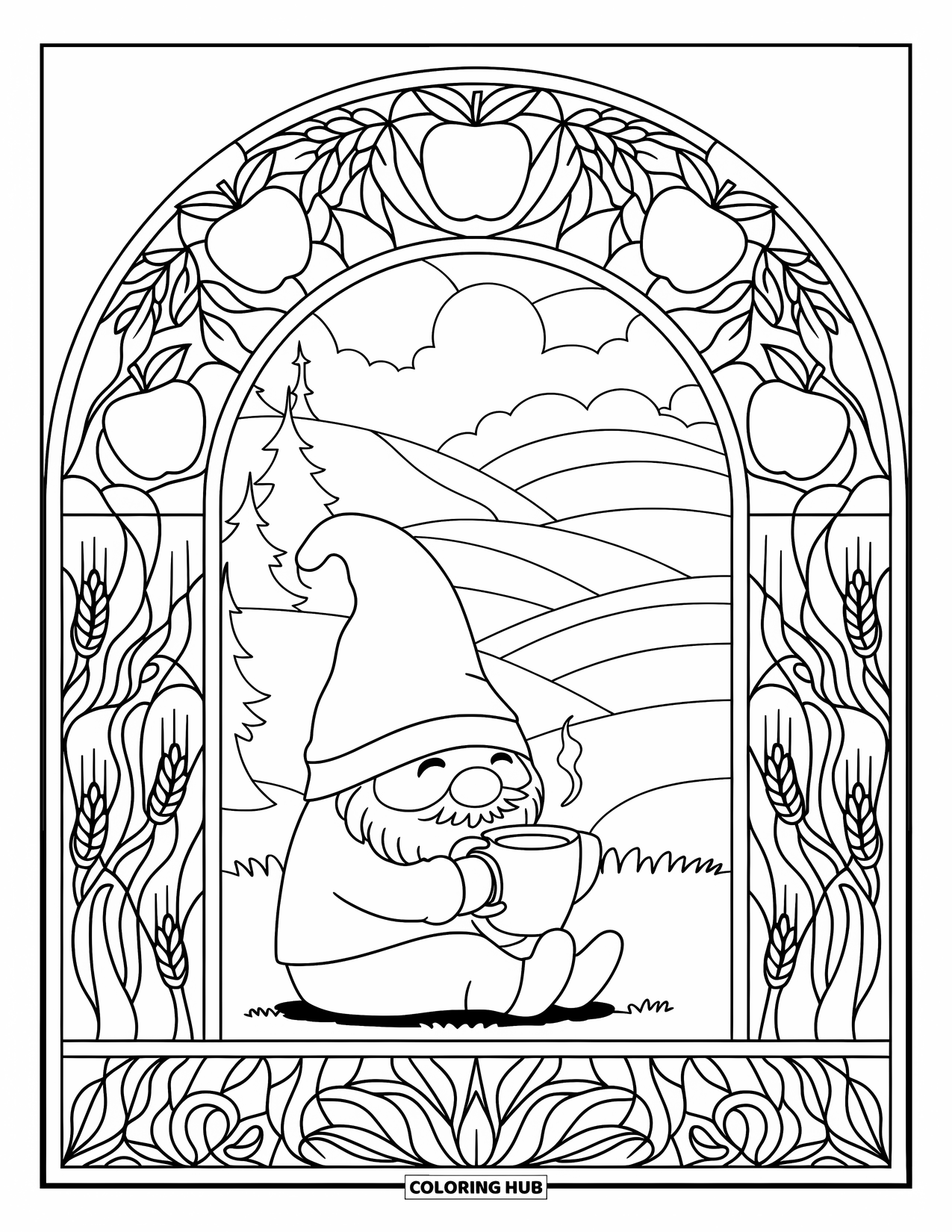 Fall Gnome Coloring Page for Adults: A gnome sips from a warm mug beneath a stained glass arch of autumn harvest