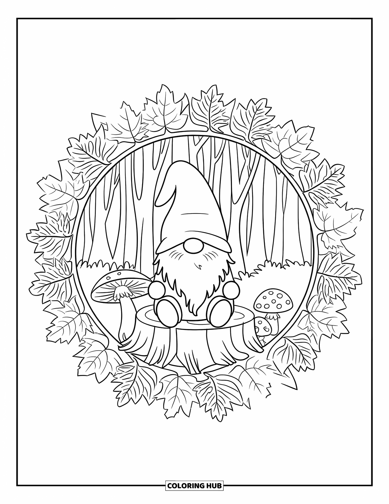 Fall Gnome Coloring Page for Adults: A gnome sits calmly on a stump in a leafy, mushroom-filled forest mandala