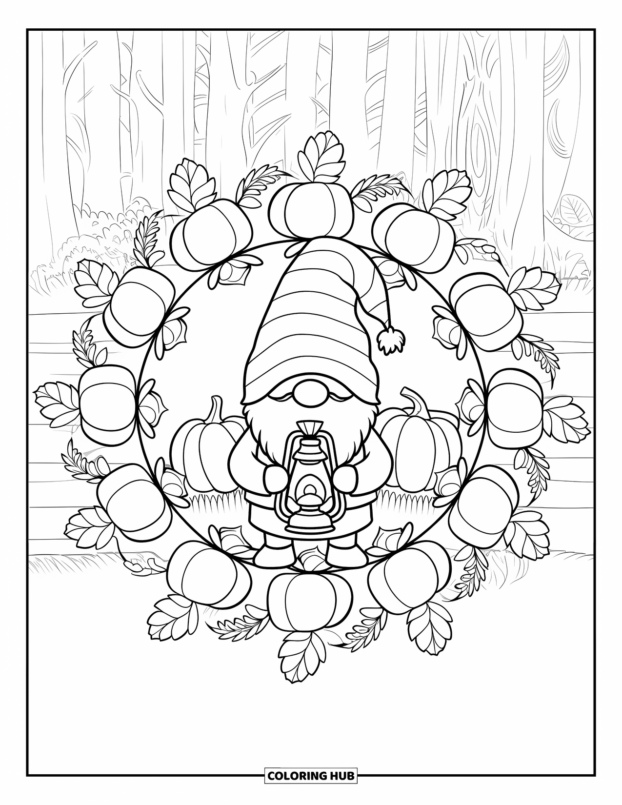 Fall Gnome Coloring Page for Adults: A gnome stands tall in a circle of acorns, pumpkins, and autumn leaves