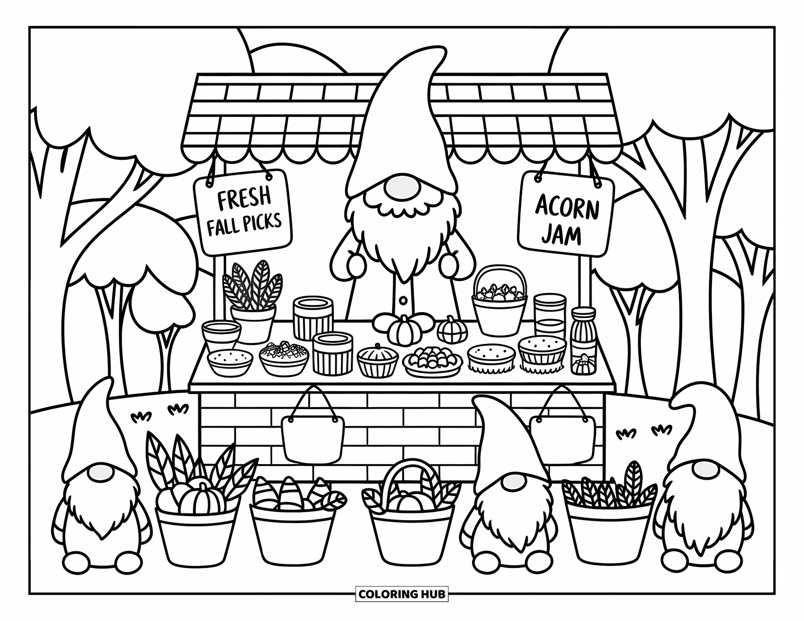 Fall Gnome Coloring Page for Adults: A gnome vendor smiles behind crates of mushrooms, jam jars, and autumn treats